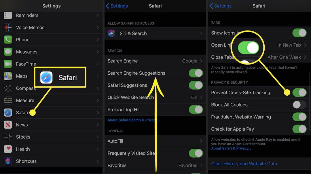 Nastavení iPhonu se Safari a zvýrazněným přepínačem Prevent Cross-Site Tracking