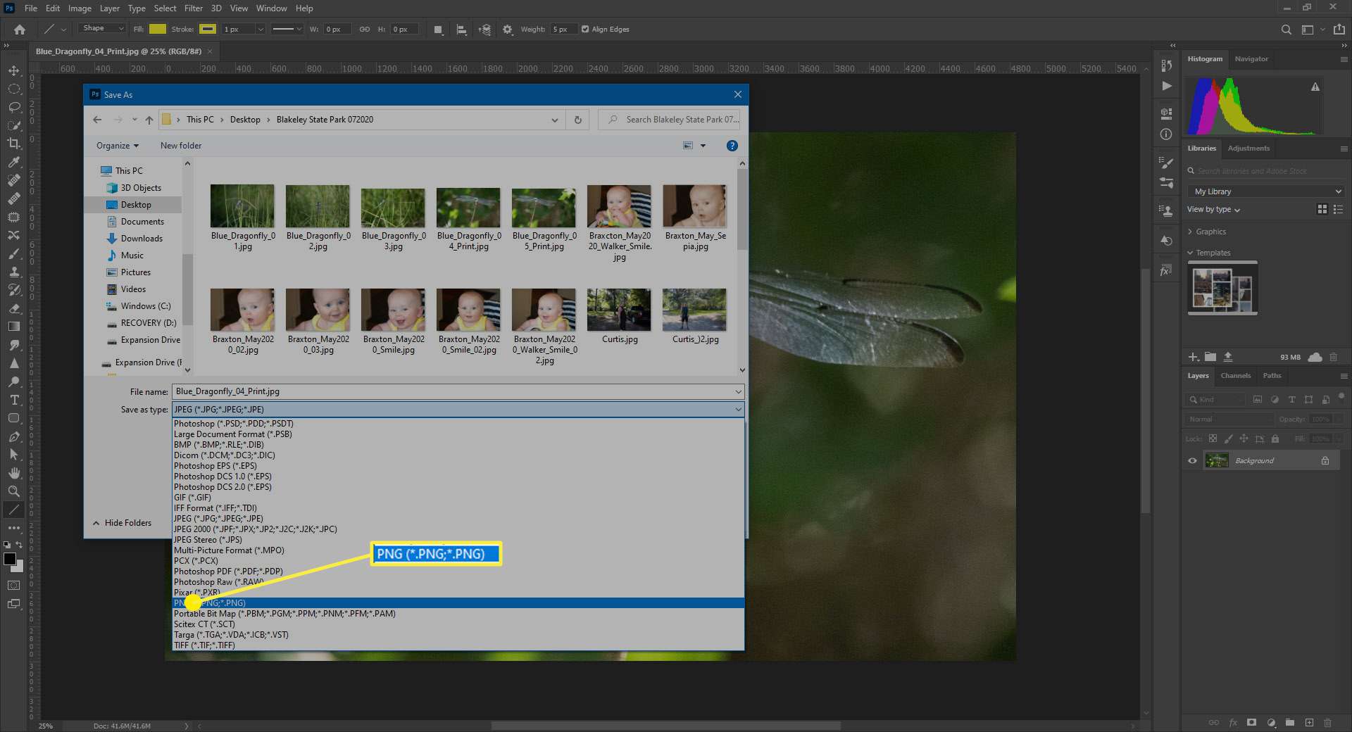 Možnost PNG v seznamu Typy souborů v aplikaci Adobe Photoshop.