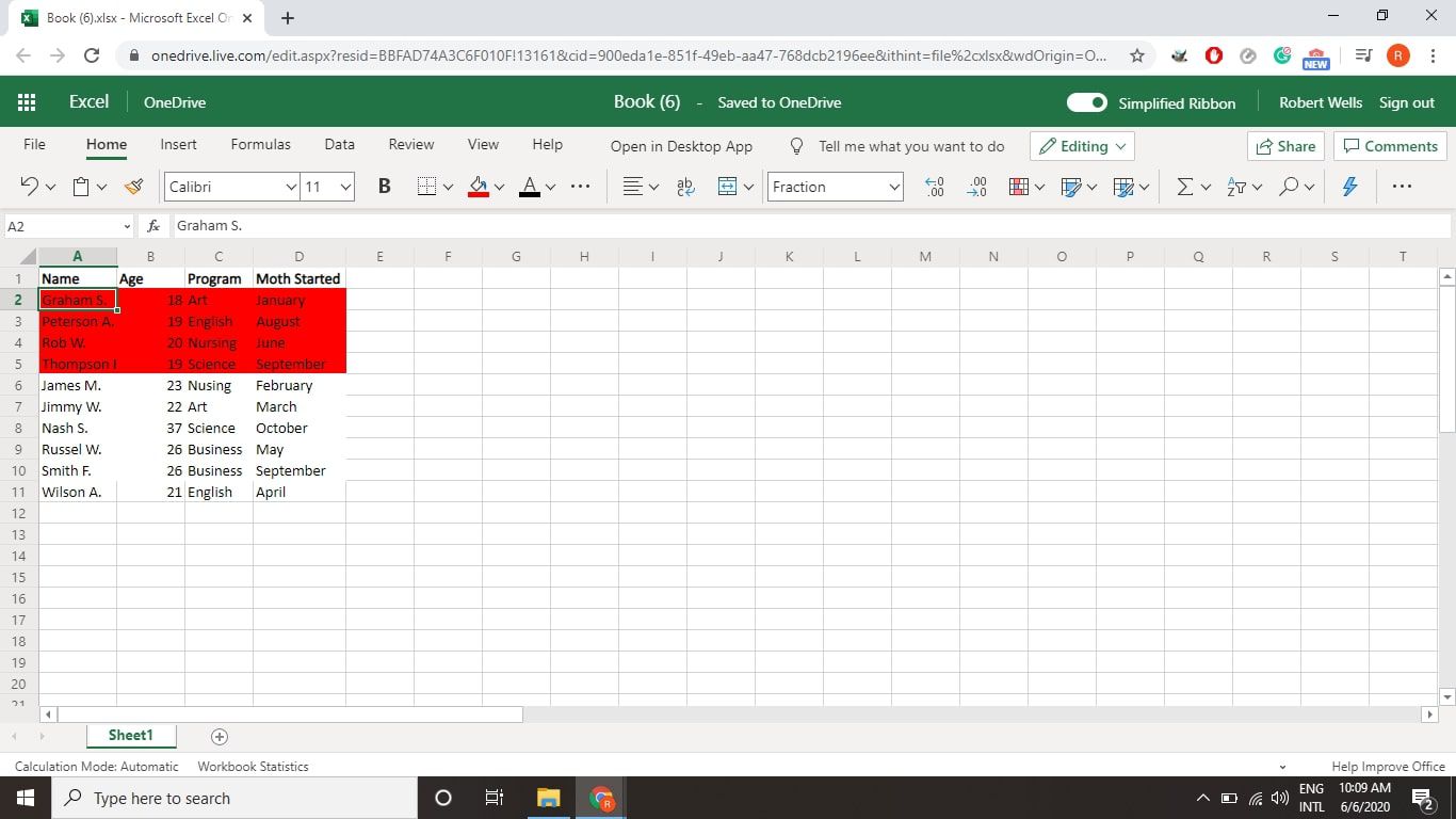 Čtyři záznamy s červeným pozadím seskupené v horní části datového rozsahu v aplikaci Excel