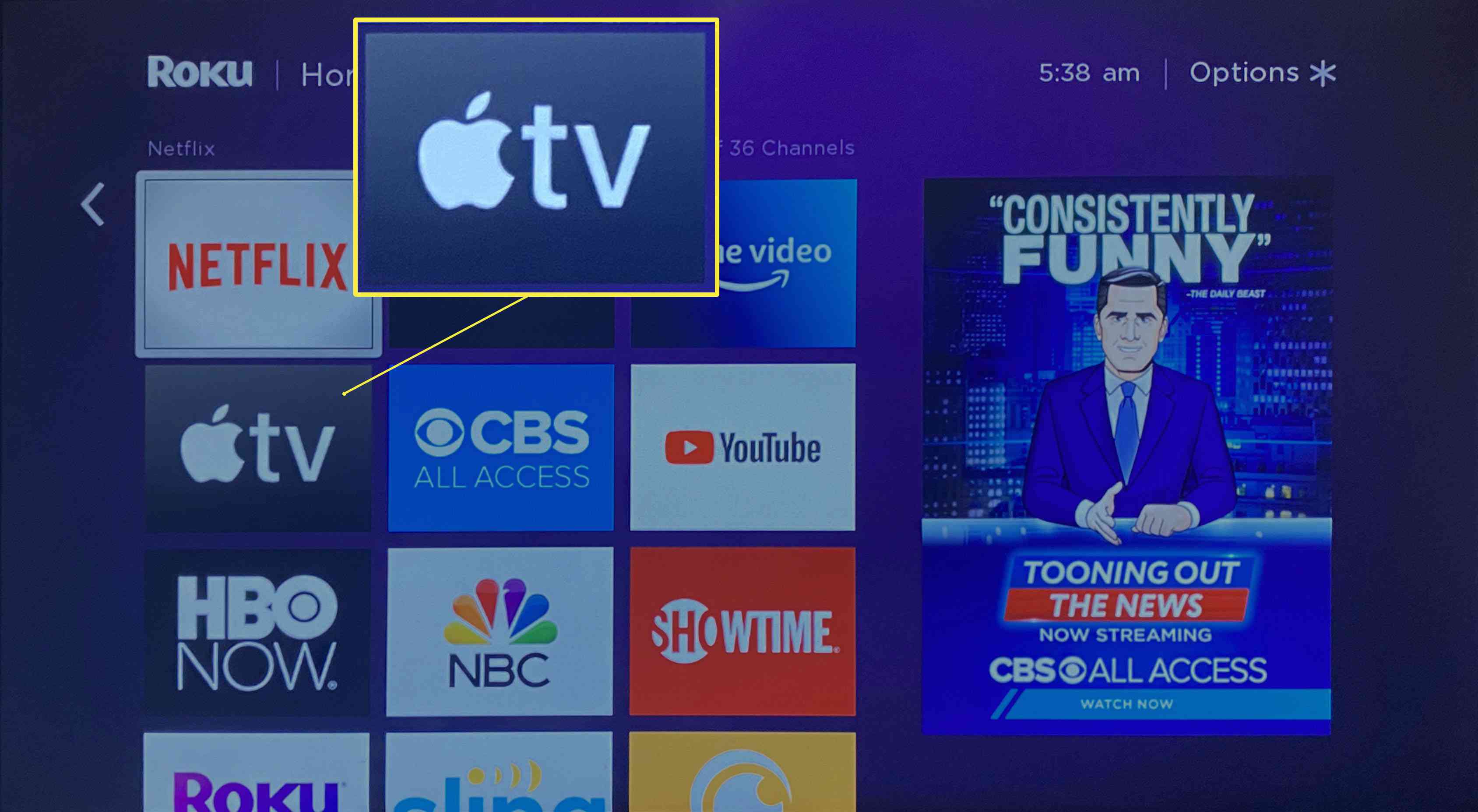 Domovská stránka Roku zobrazující aplikaci kanálu Apple TV nainstalovanou s Netflix, Hulu a dalšími.