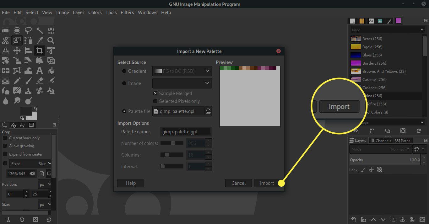 Snímek obrazovky GIMP "Importovat novou paletu" okno se zvýrazněným tlačítkem Importovat