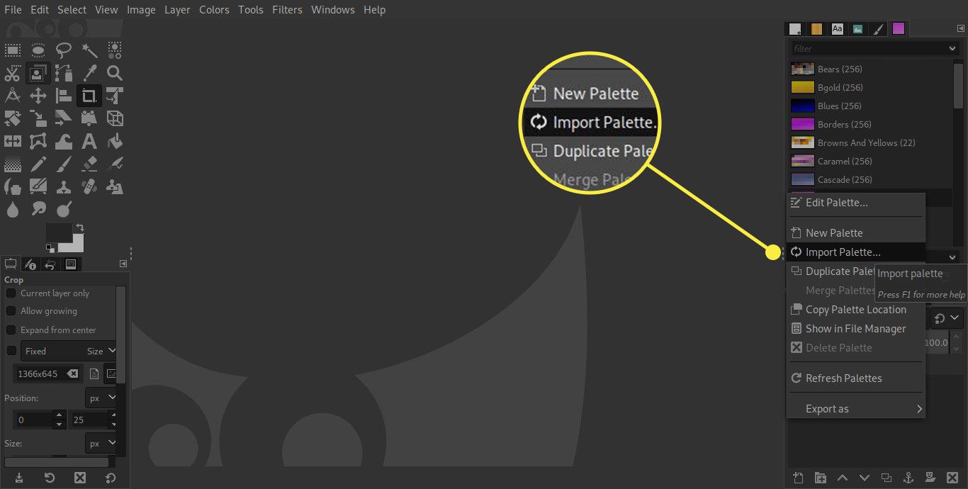 Snímek obrazovky s paletou GIMPu se zvýrazněným příkazem Importovat paletu