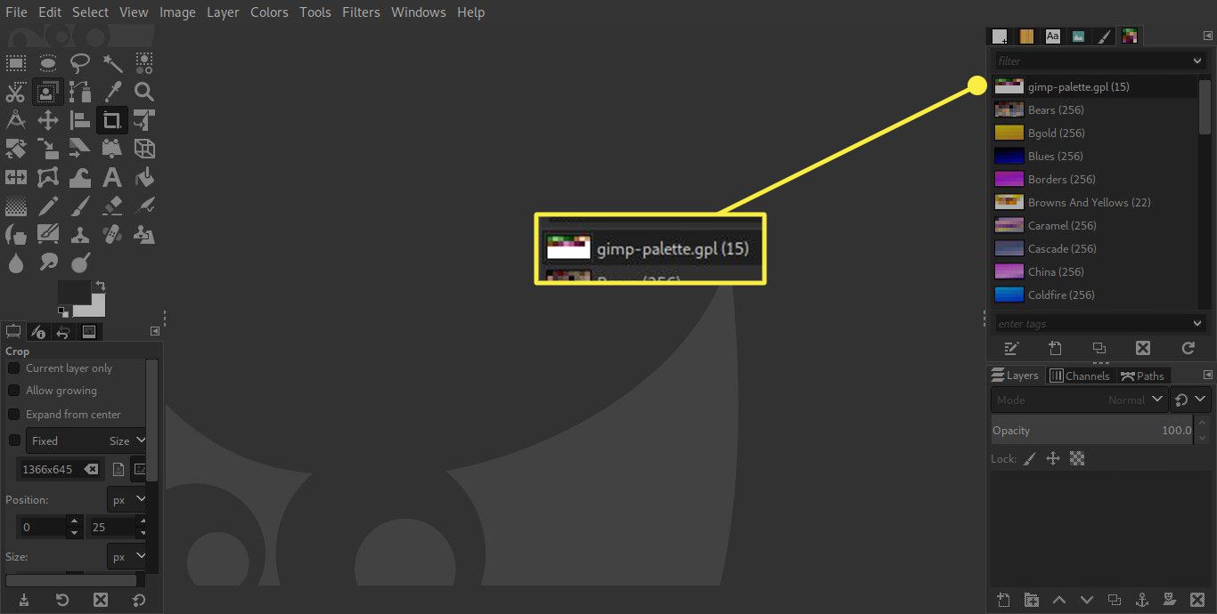 Snímek obrazovky GIMP se zvýrazněnou vlastní paletou