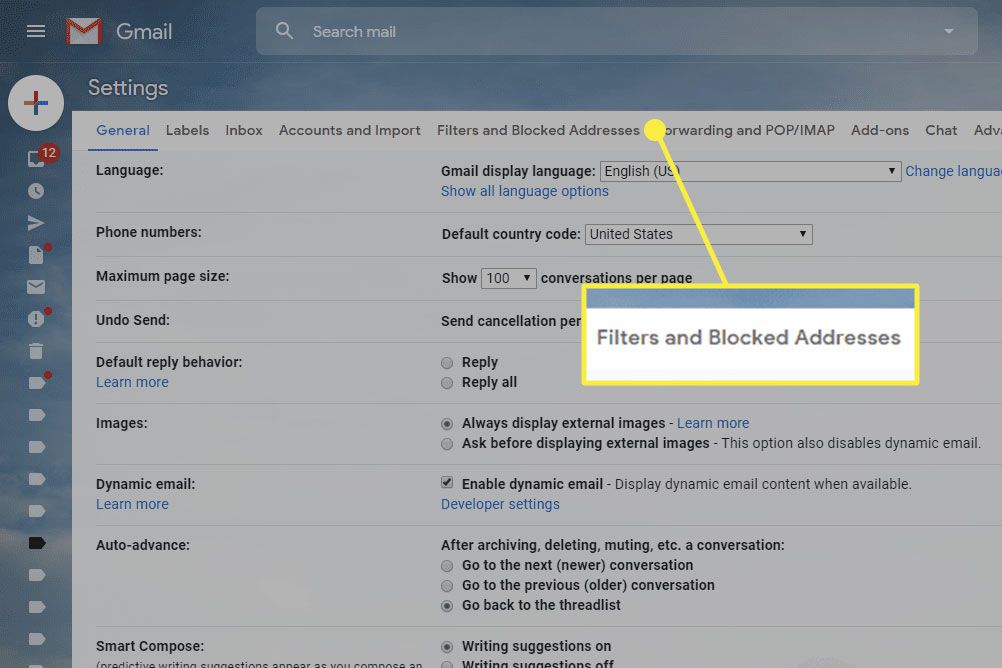 Snímek obrazovky nastavení Gmailu se zvýrazněným nadpisem Filtry a Blokované adresy