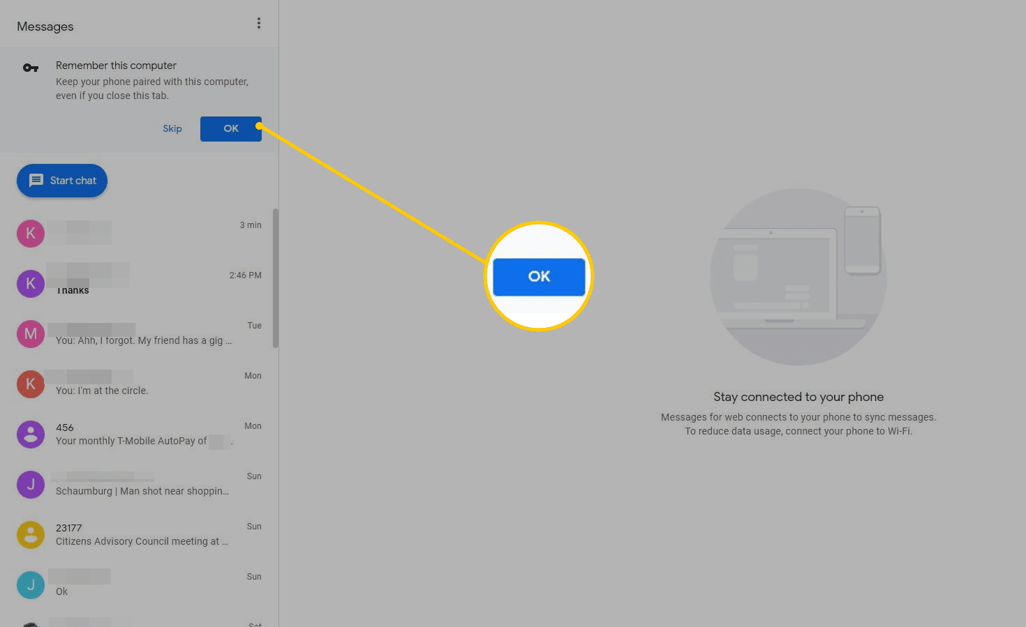 Tlačítko OK ve Zprávách pro web