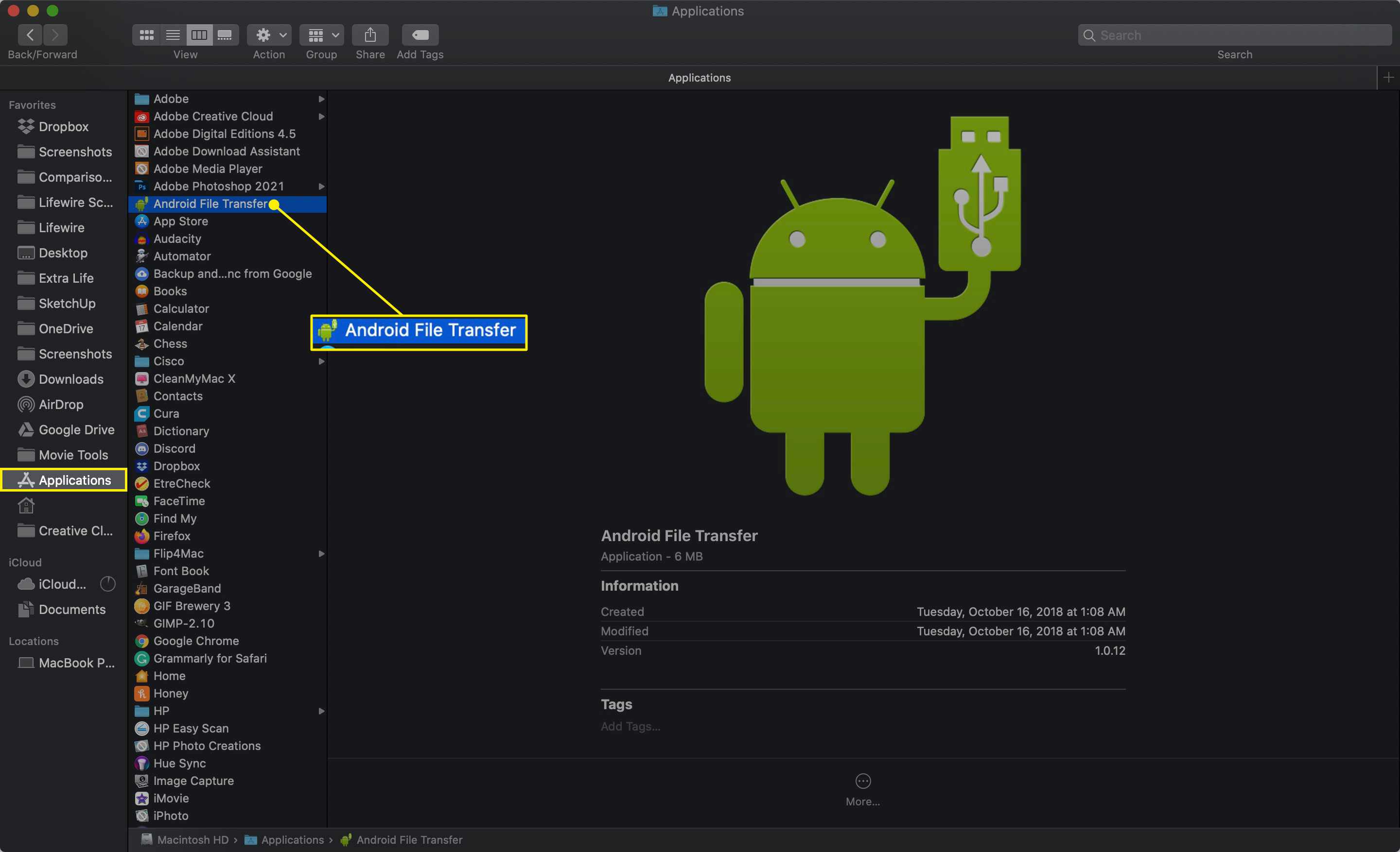 Aplikace Android File Transfer v aplikaci macOS Finder