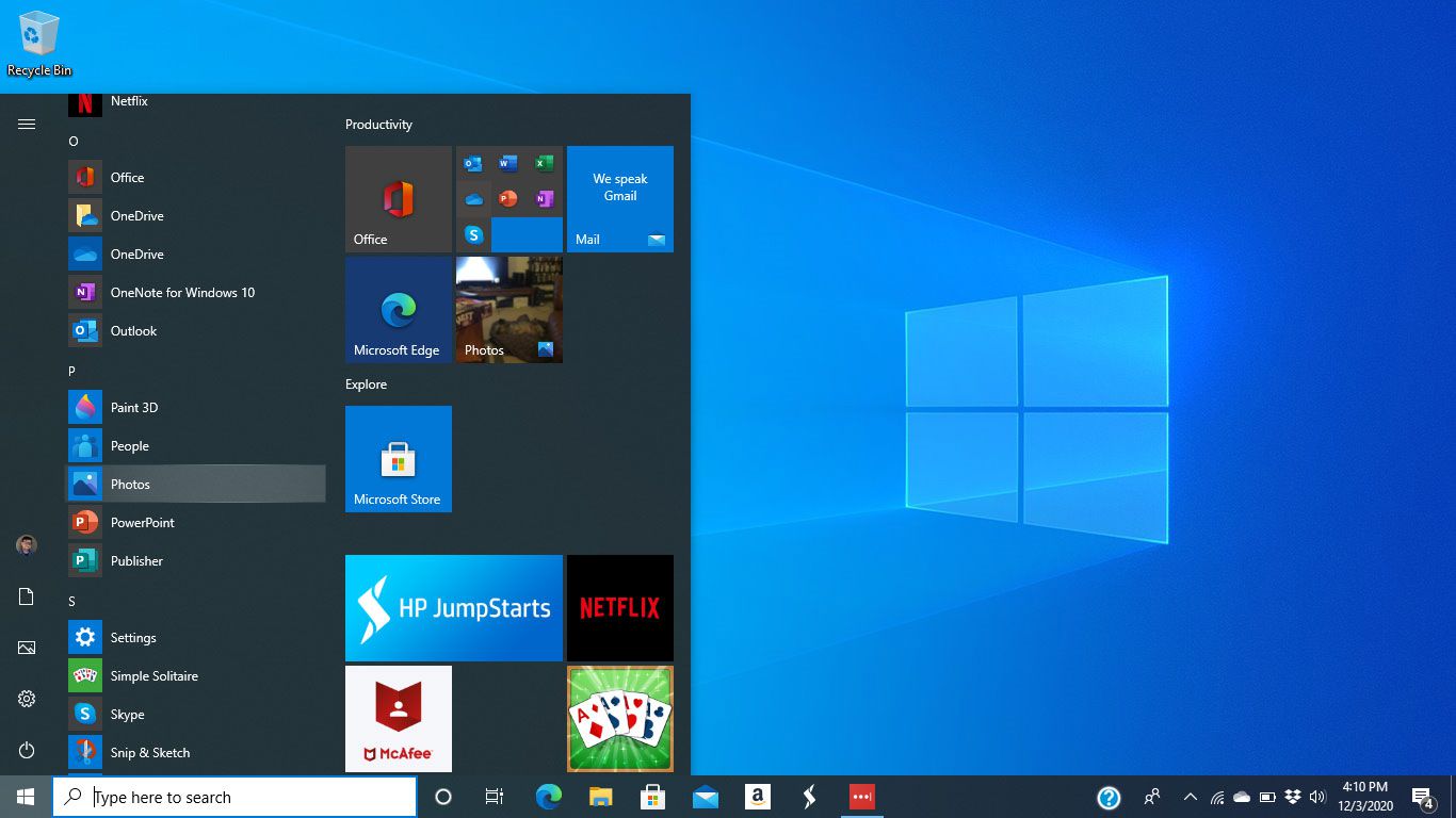 Fotografie v nabídce Start systému Windows 10