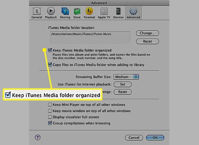 Pokročilé předvolby iTunes se zaškrtnutím políčka Udržovat organizovanou složku iTunes