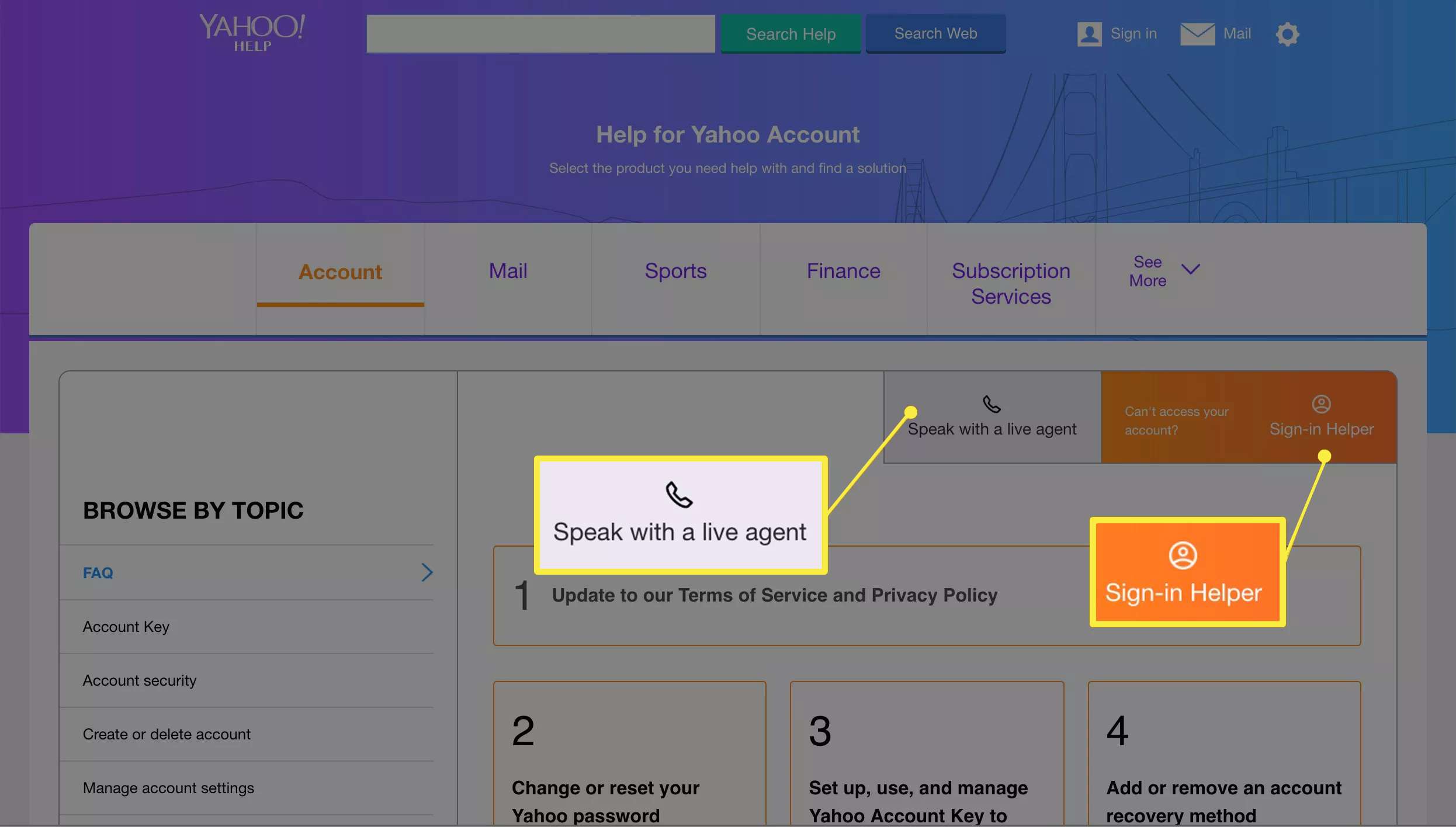 Mluvte s živým agentem a tlačítky Pomocníka přihlašování na stránce podpory Yahoo Mail