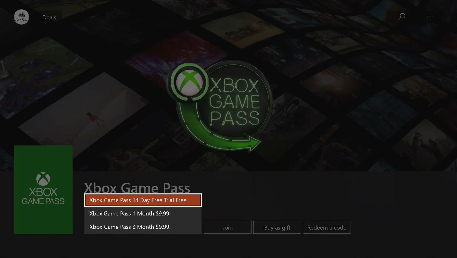 Snímek obrazovky s možností výběru předplatného Xbox Game Pass.