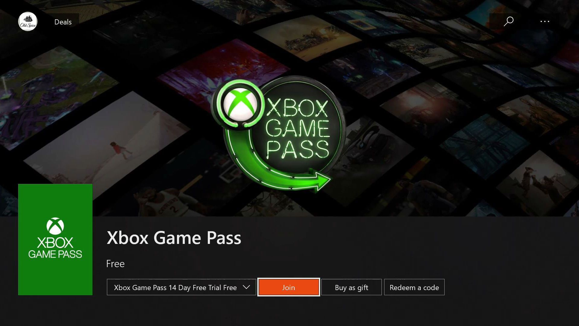 Snímek obrazovky s registrační obrazovkou Xbox Game Pass na Xbox One.