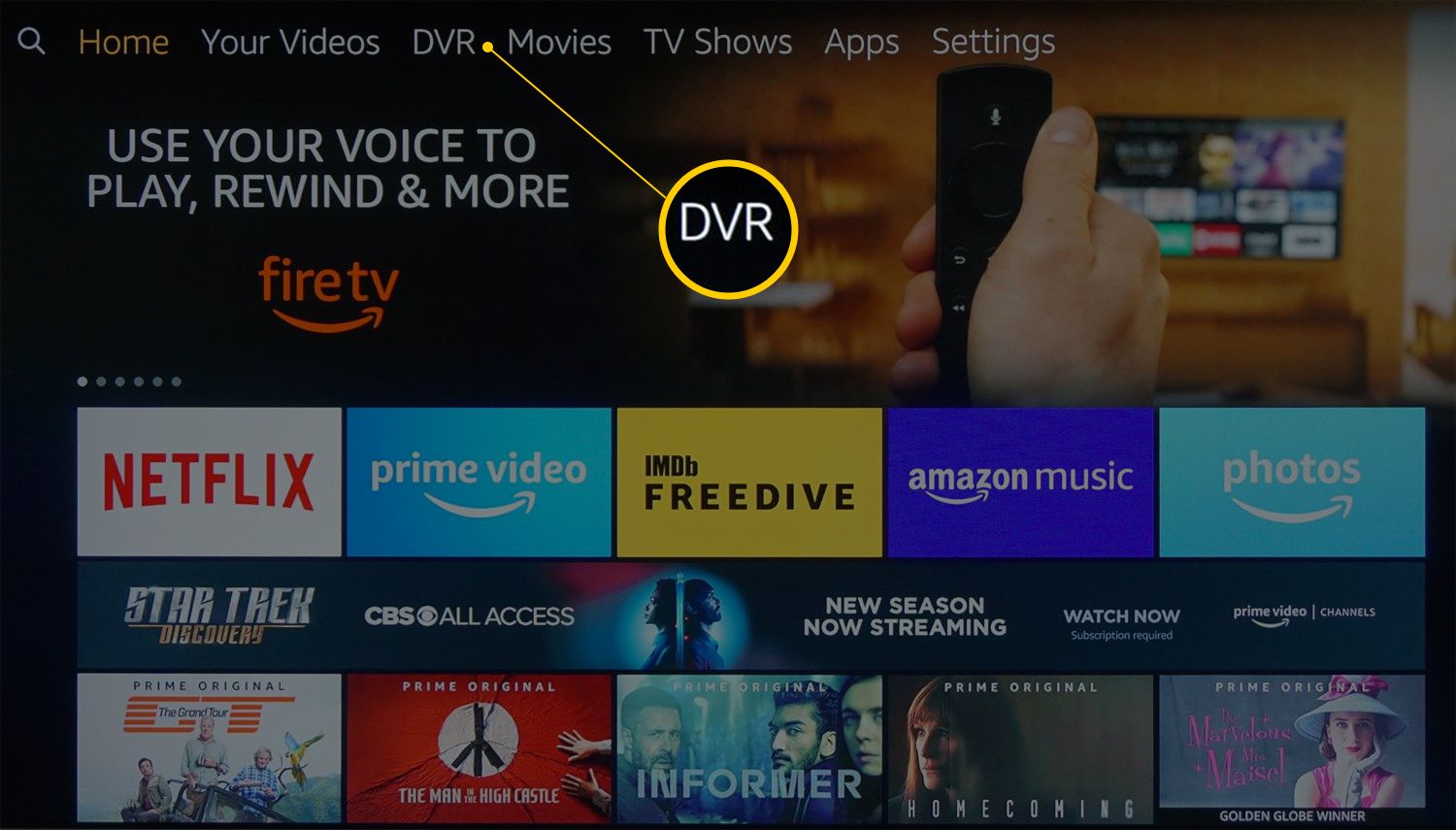 Domovská obrazovka Fire TV s přepracovanou kategorií DVR