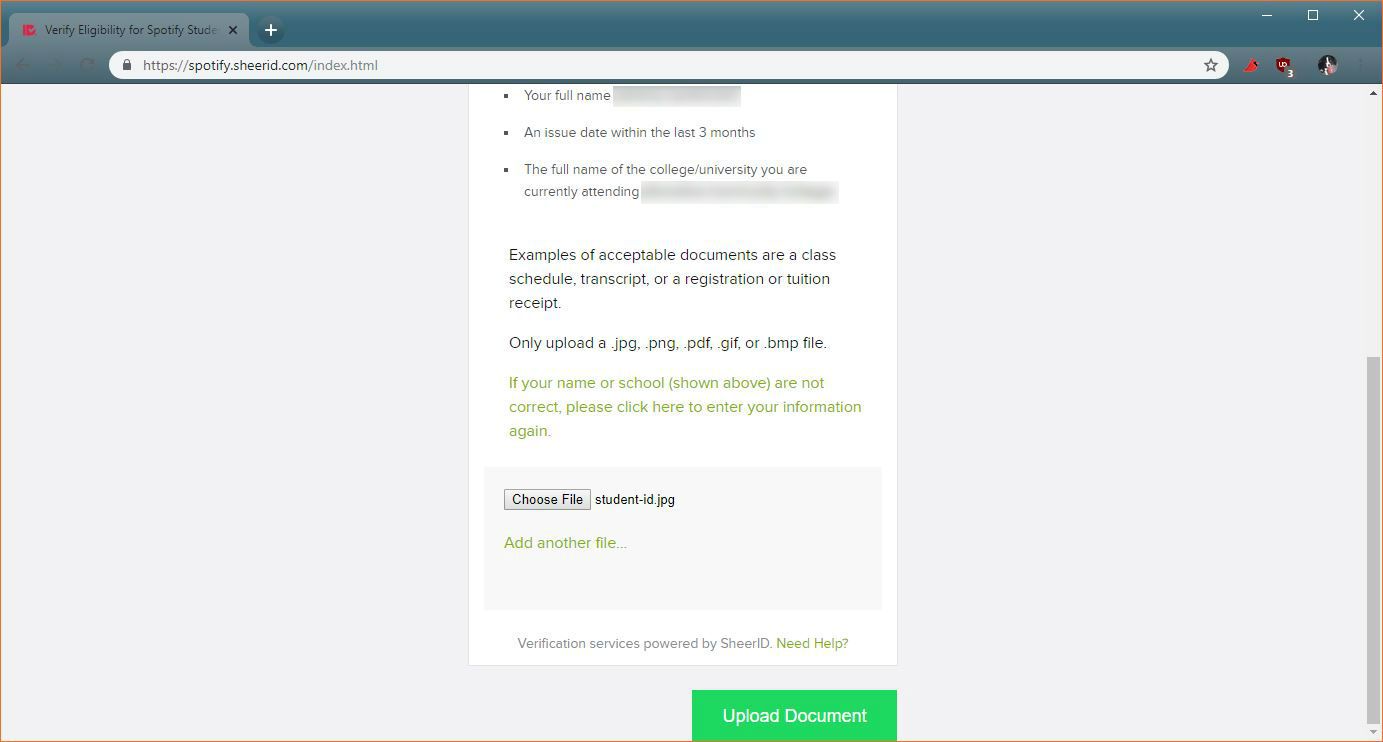 Snímek obrazovky s procesem ověření slevy studentů Spotify.