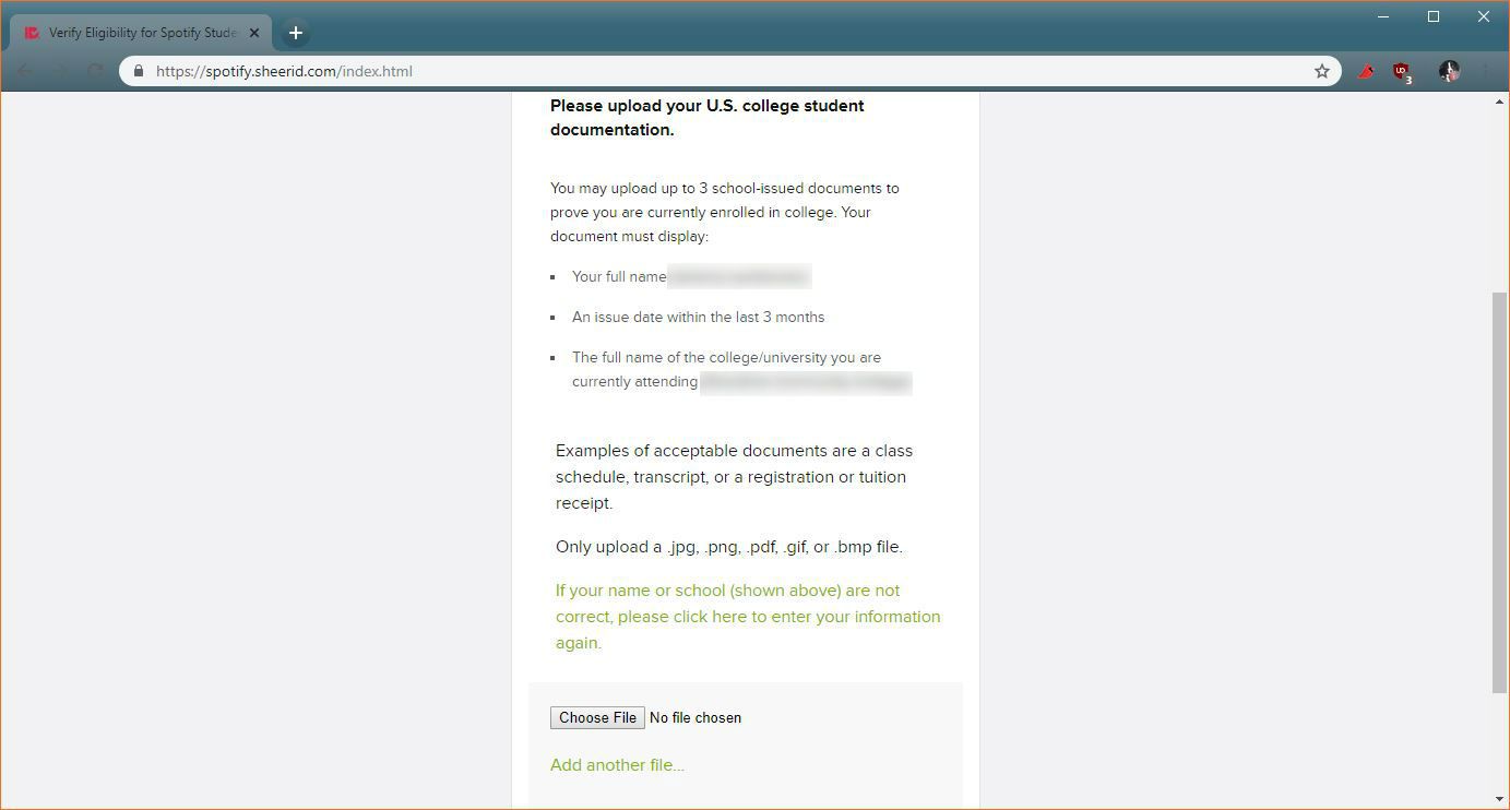 Snímek obrazovky s formulářem pro nahrání studentské dokumentace Spotify.