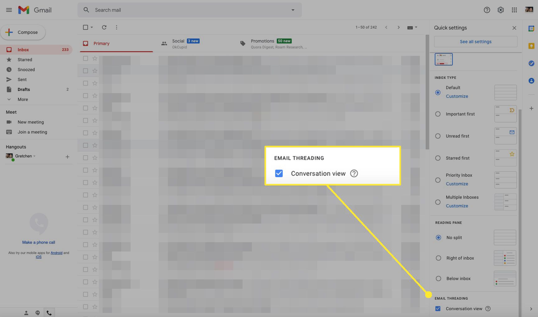 Nastavení Gmailu se zaškrtnutým a zvýrazněným zobrazením konverzace