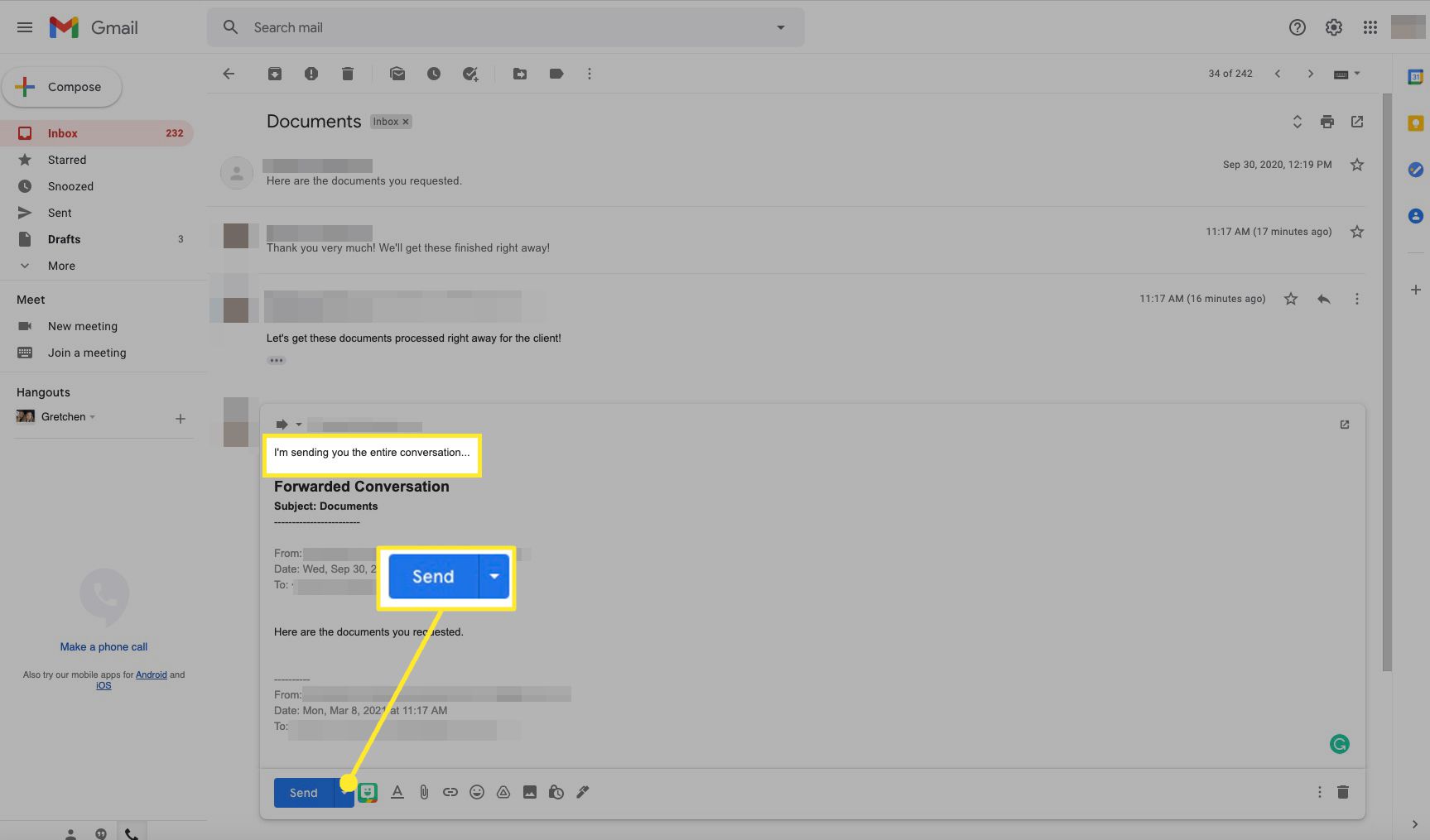 Vlákno přeposlané konverzace v Gmailu se zvýrazněným Odeslat