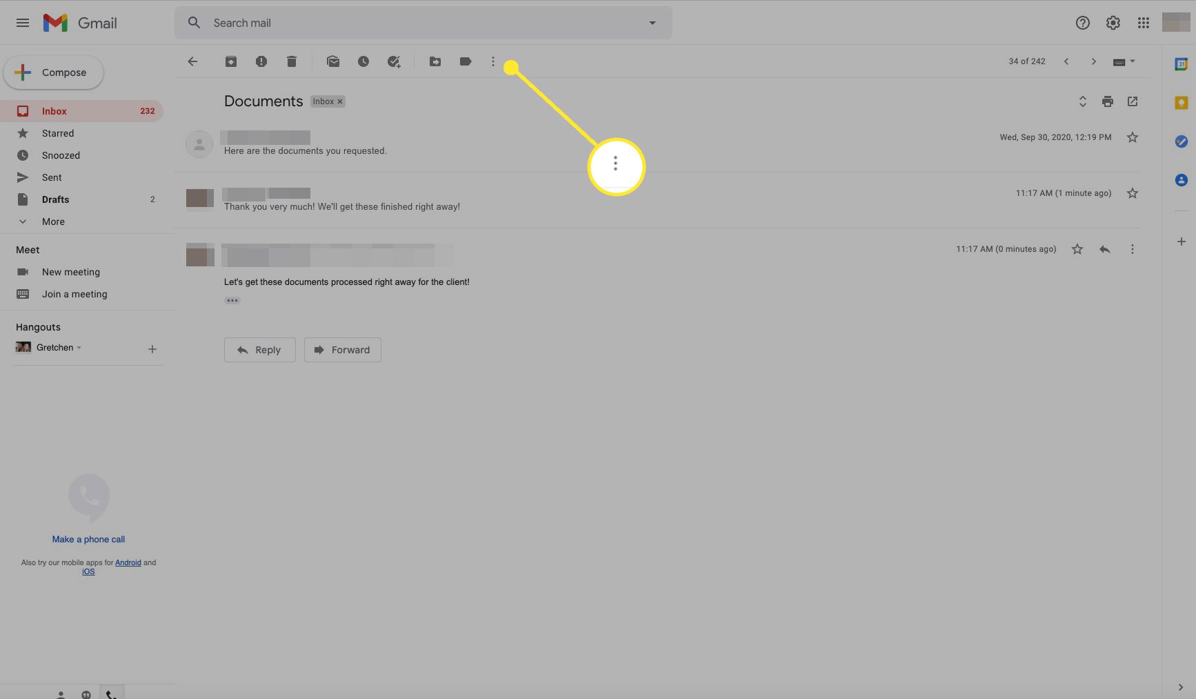 Panel nástrojů Gmailu se zvýrazněnými Více (tři tečky)