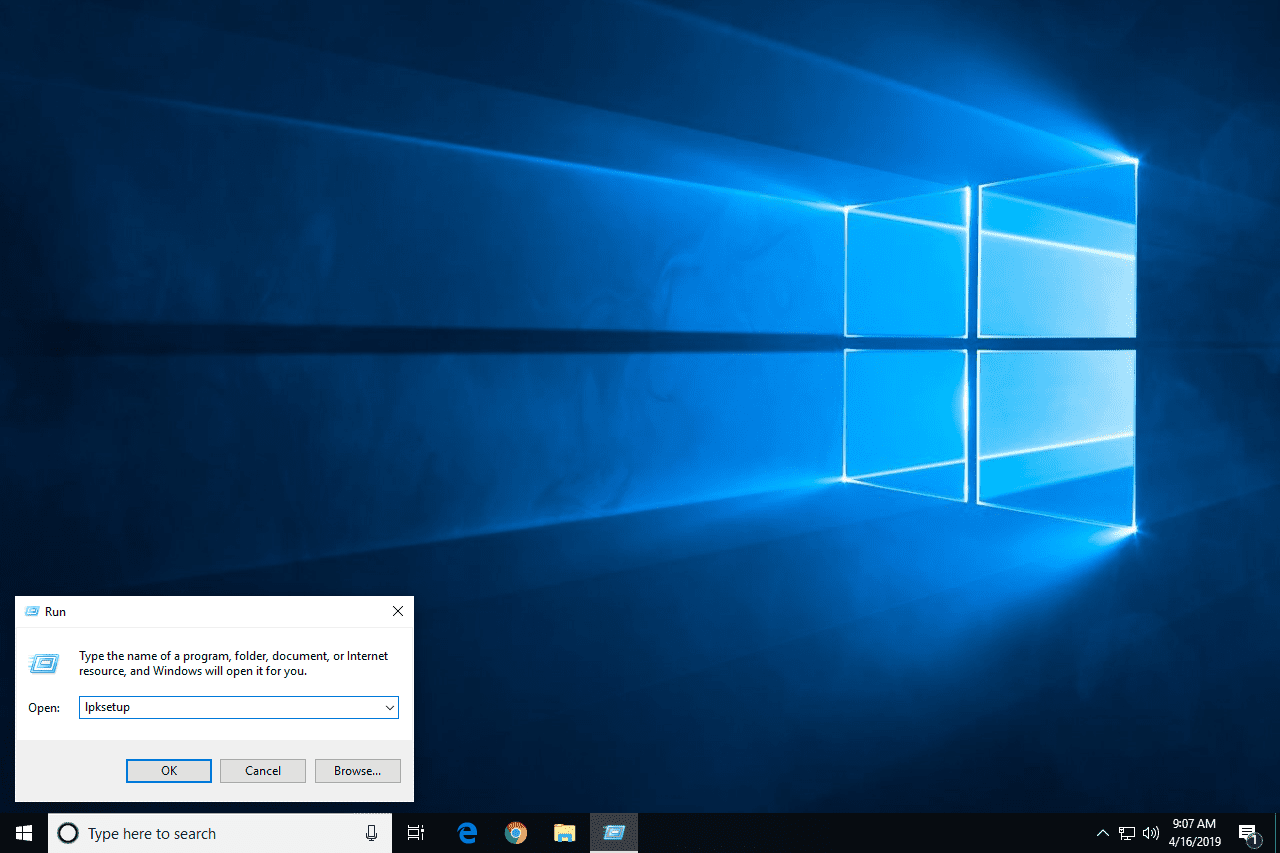 Příkaz lpksetup Run ve Windows 10