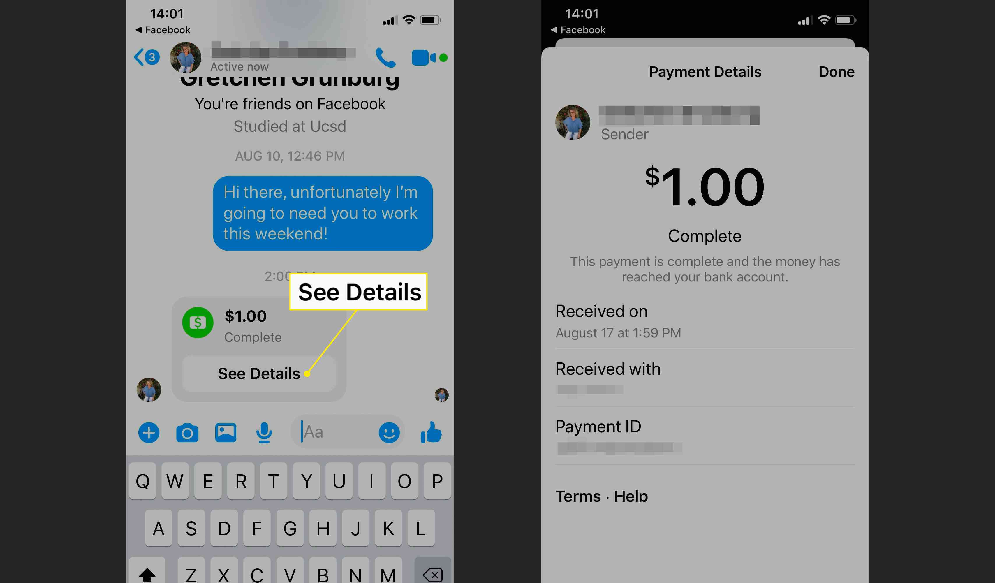 Viz Podrobnosti v potvrzení o platbě v aplikaci Messenger