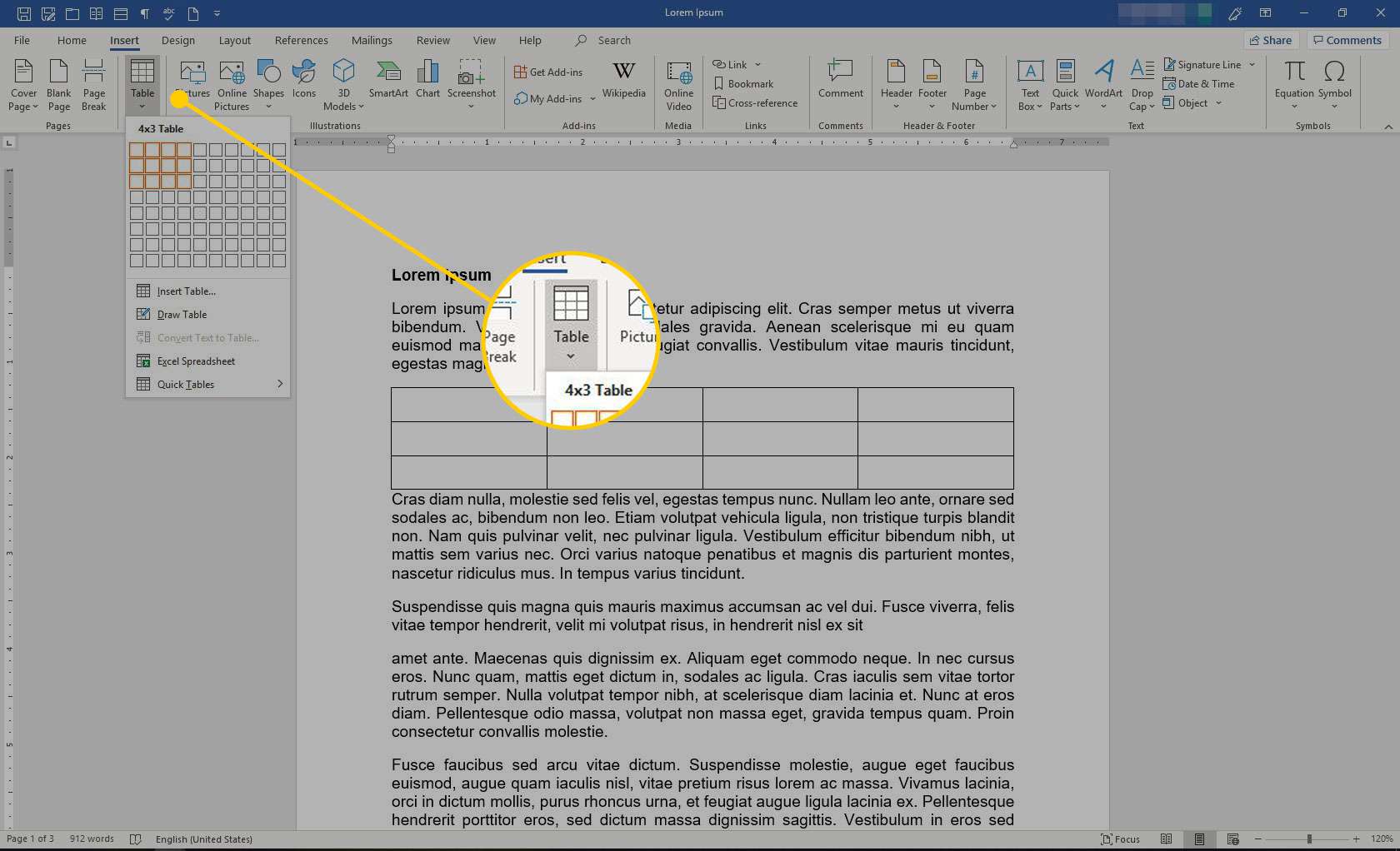 Vložit nabídku do aplikace Microsoft Word se zvýrazněnou možností Tabulka