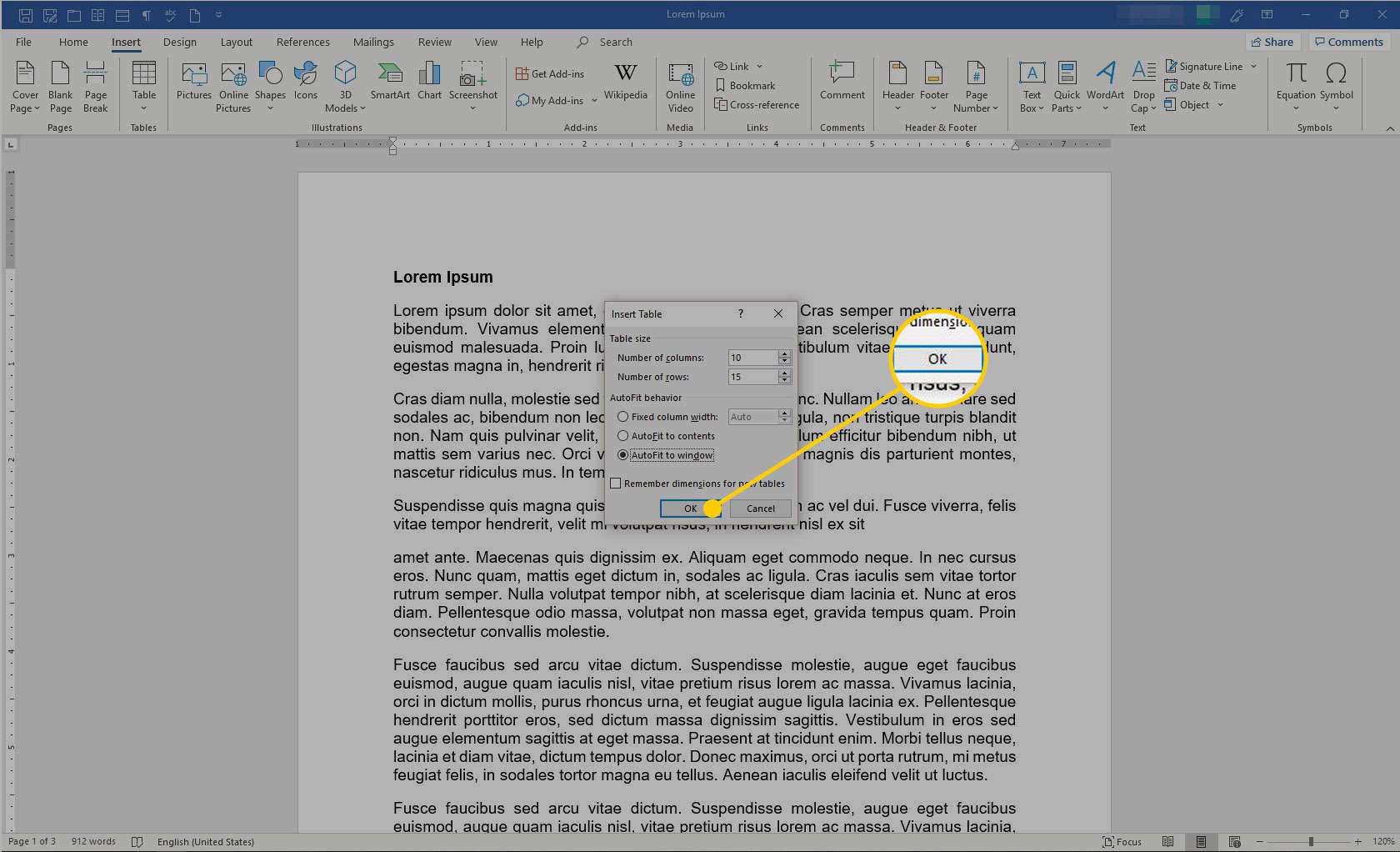 Vložte pole Tabulka do aplikace Microsoft Word se zvýrazněným tlačítkem OK