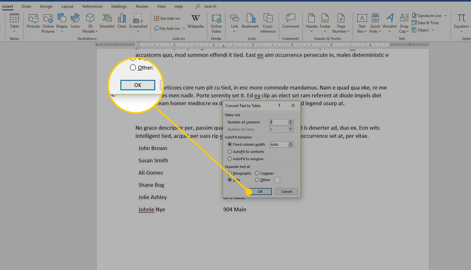 Nabídka Převést text na tabulku v aplikaci Word se zvýrazněným tlačítkem OK