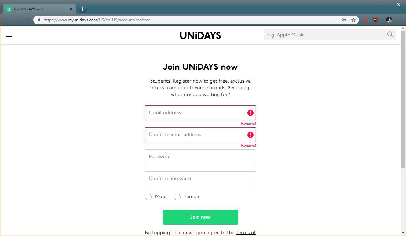 Snímek obrazovky s registrací Unidays