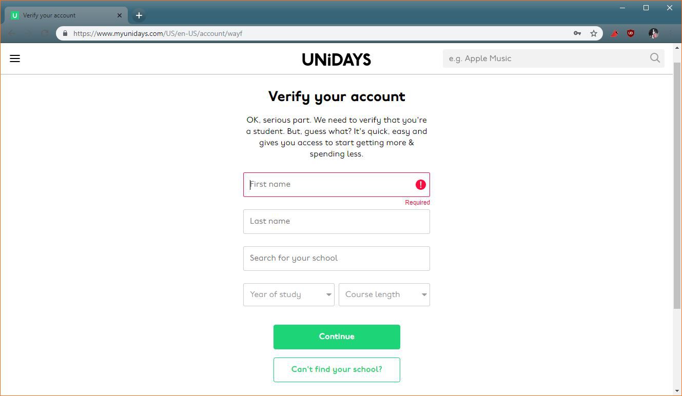 Snímek obrazovky s ověřovací stránkou Unidays student