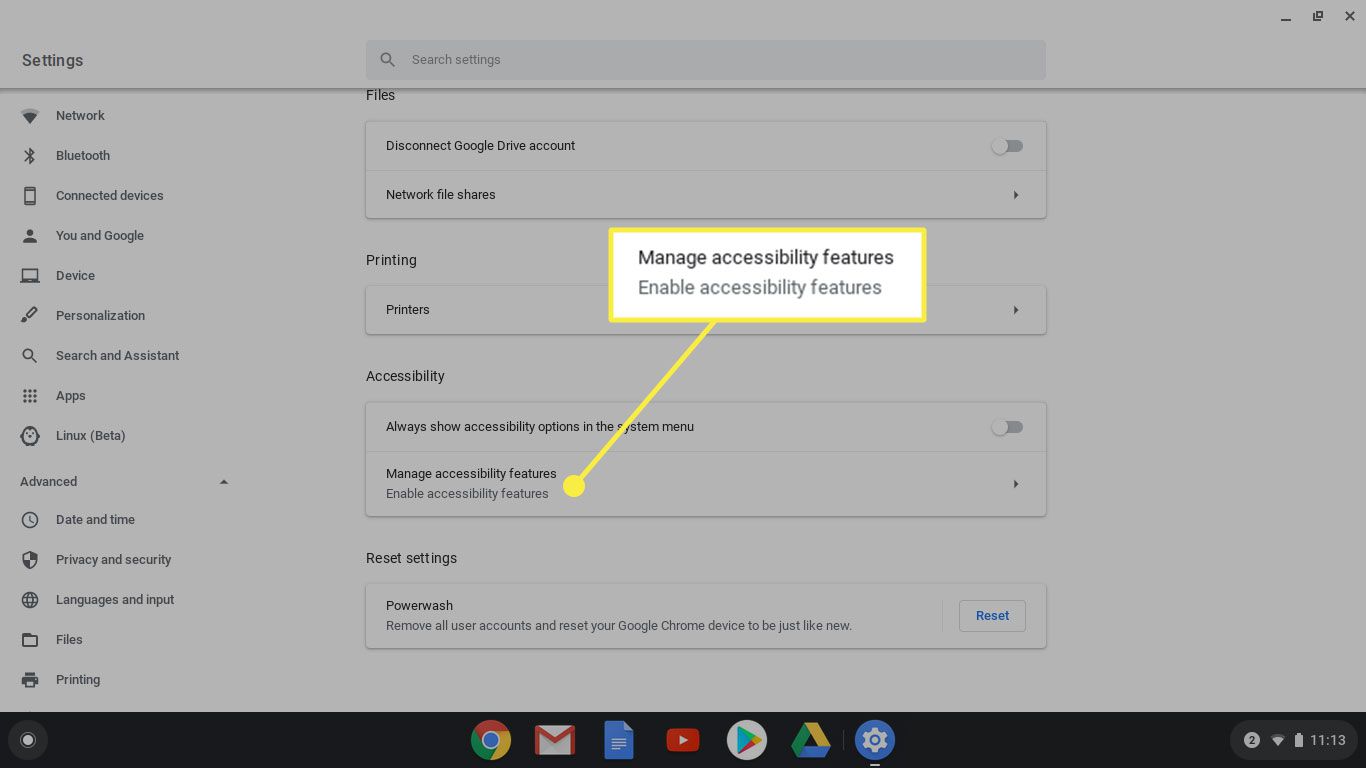 Možnost „Spravovat funkce usnadnění přístupu“ v nastavení Chromebooku