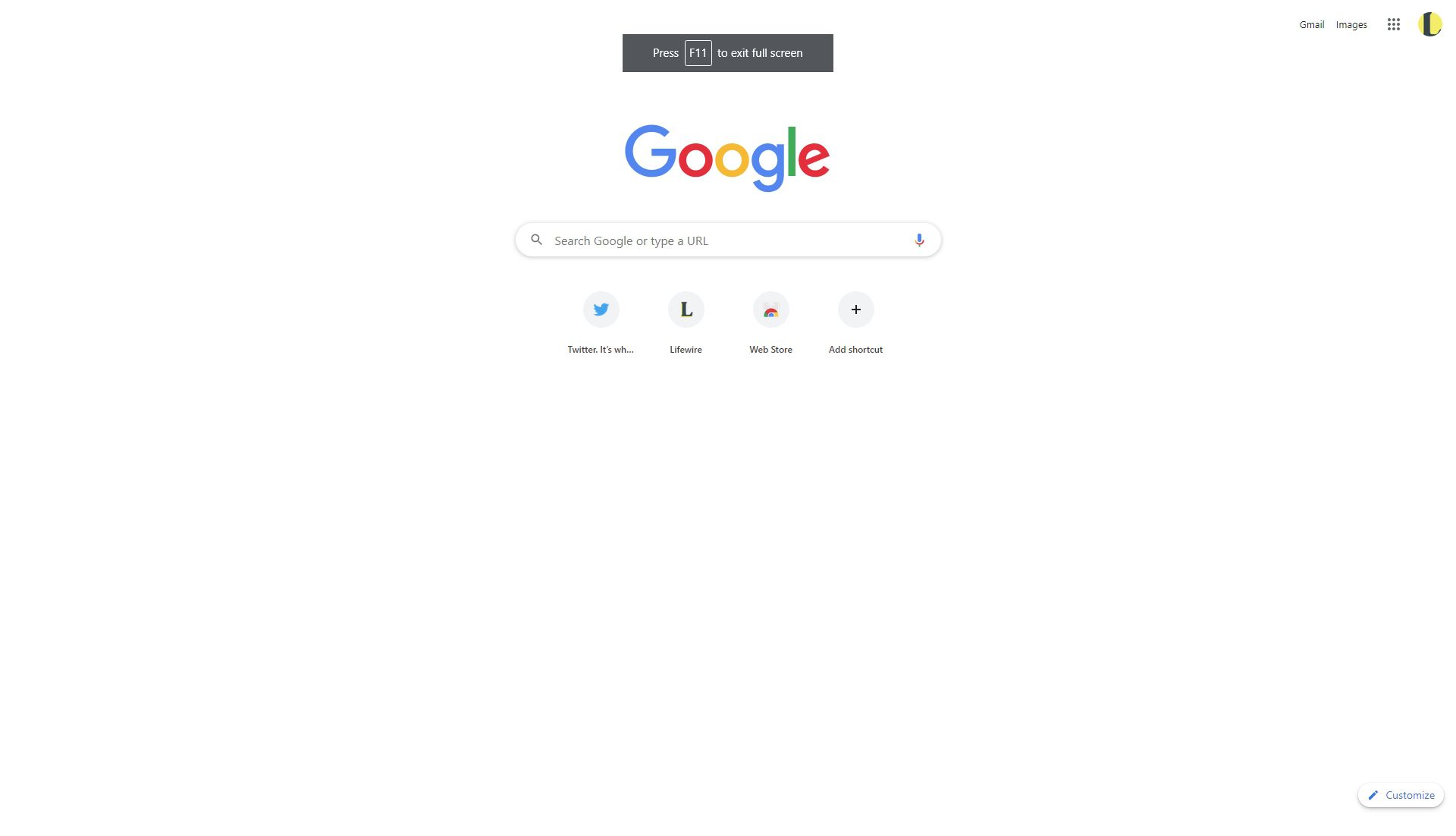 Webový prohlížeč Google Chrome v režimu celé obrazovky.