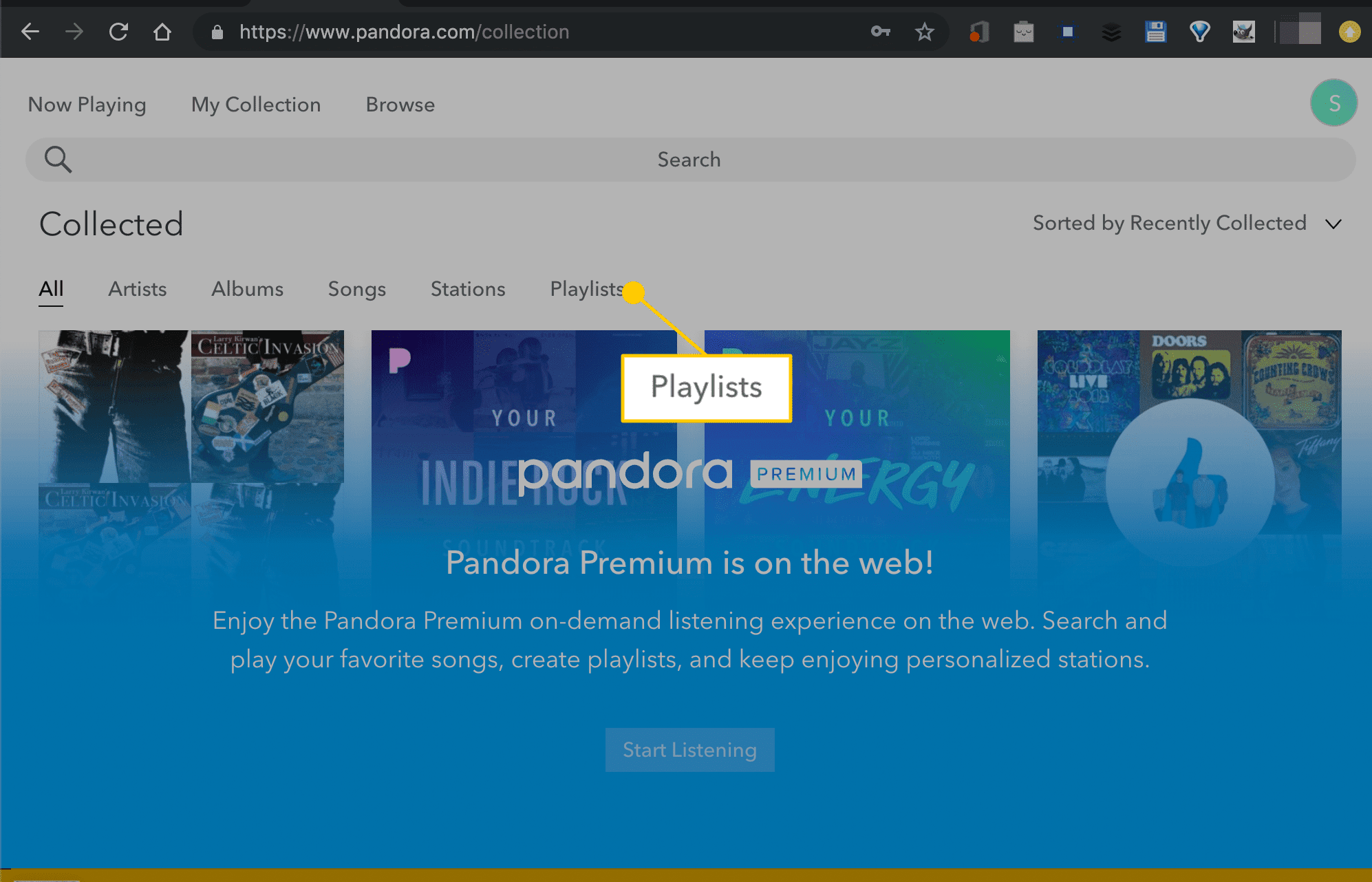 Karta Seznamy skladeb v Pandoře na webu