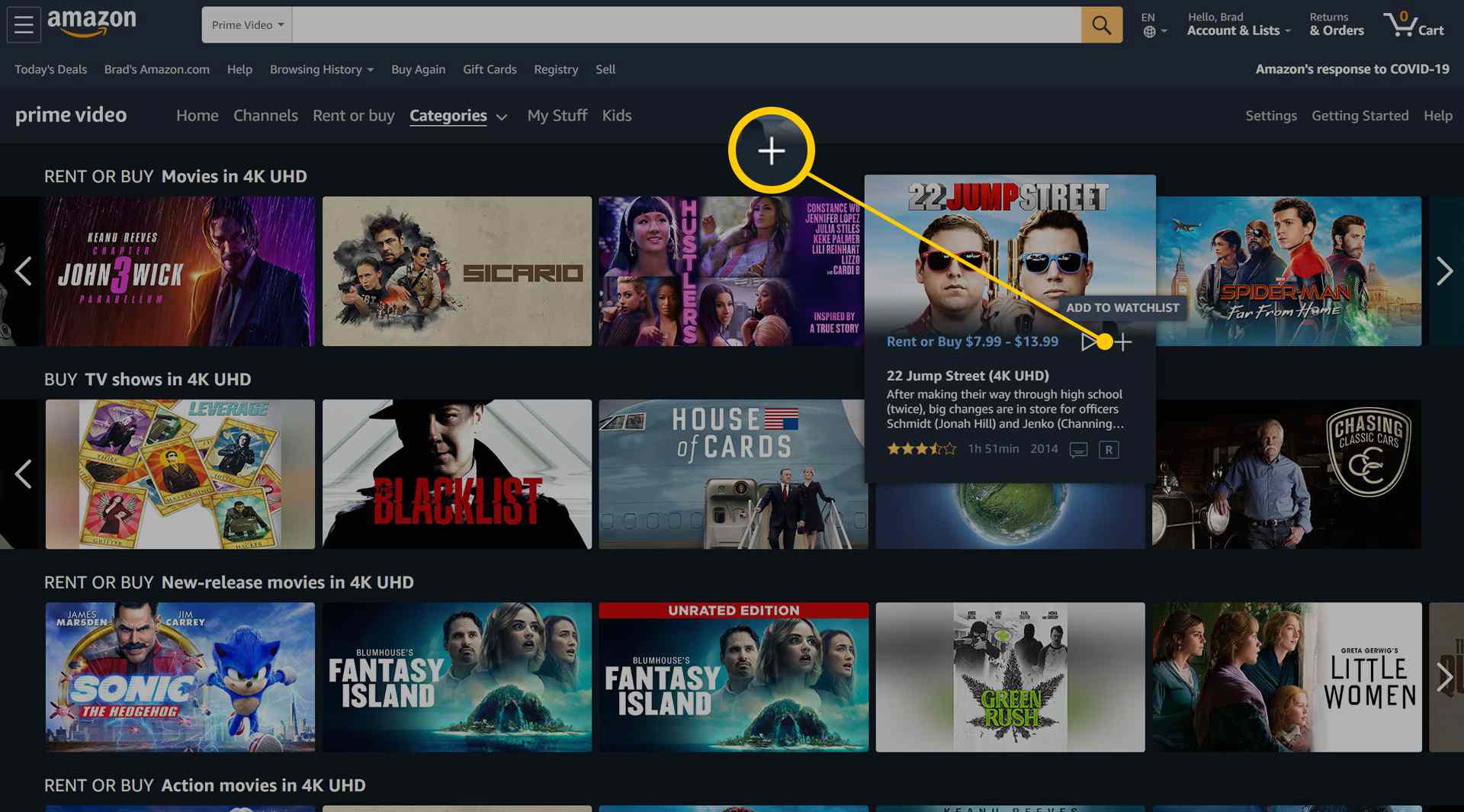 Webová stránka kategorie Amazon Prime Video 4K Movies and TV Shows.