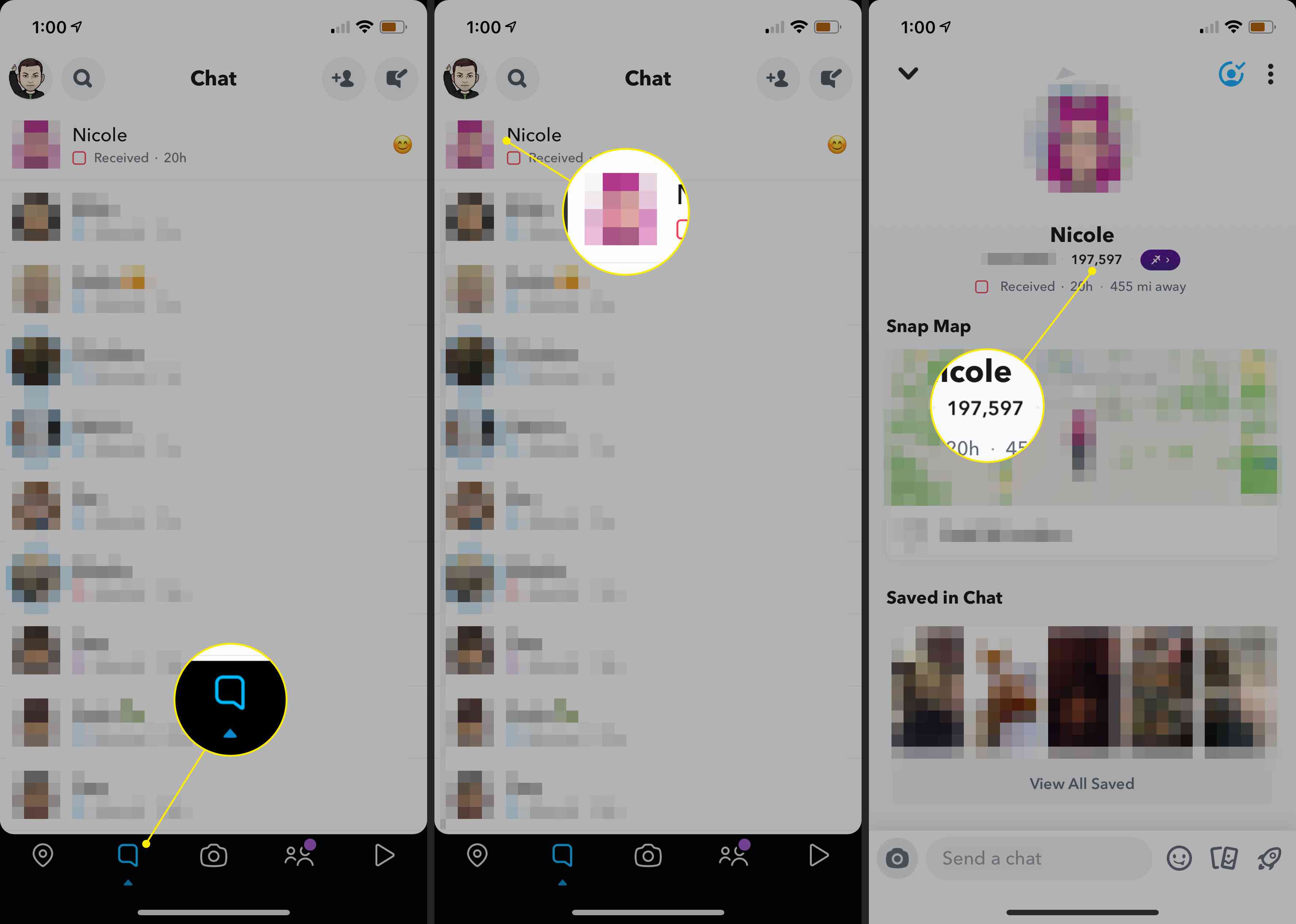 Karta Konverzace, obrázek uživatele a jejich skóre Snapchat v aplikaci Snapchat