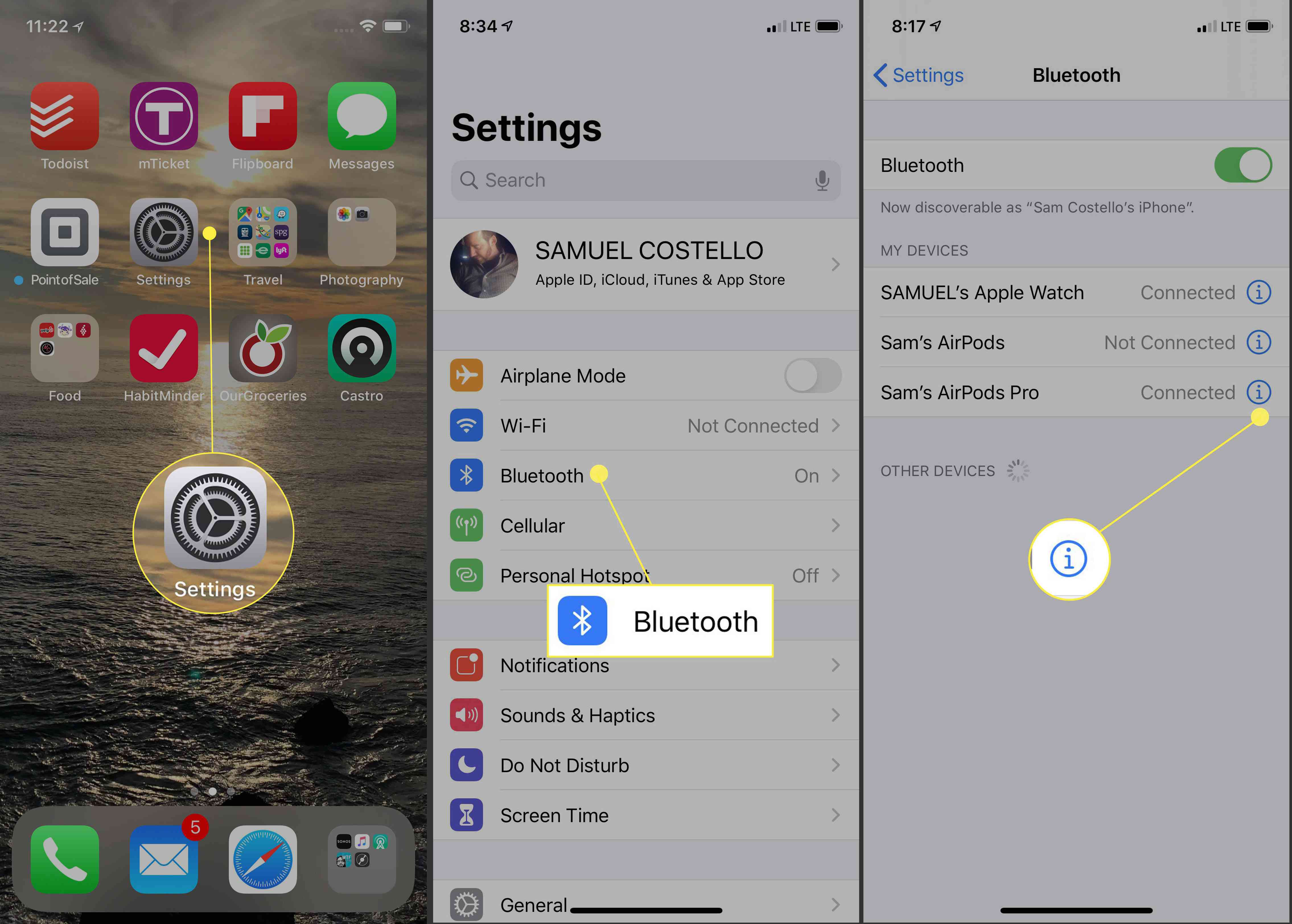Obrazovka iOS Bluetooth Settings