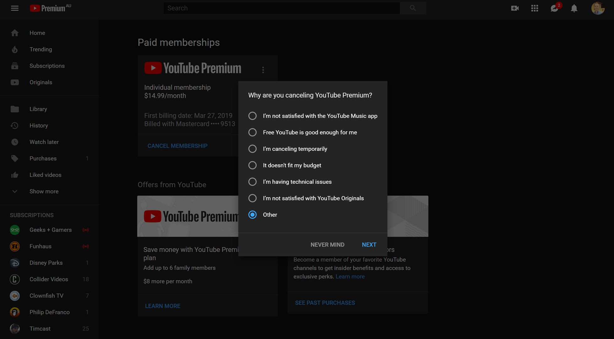 Zrušení služby YouTube Premium na webu YouTube.