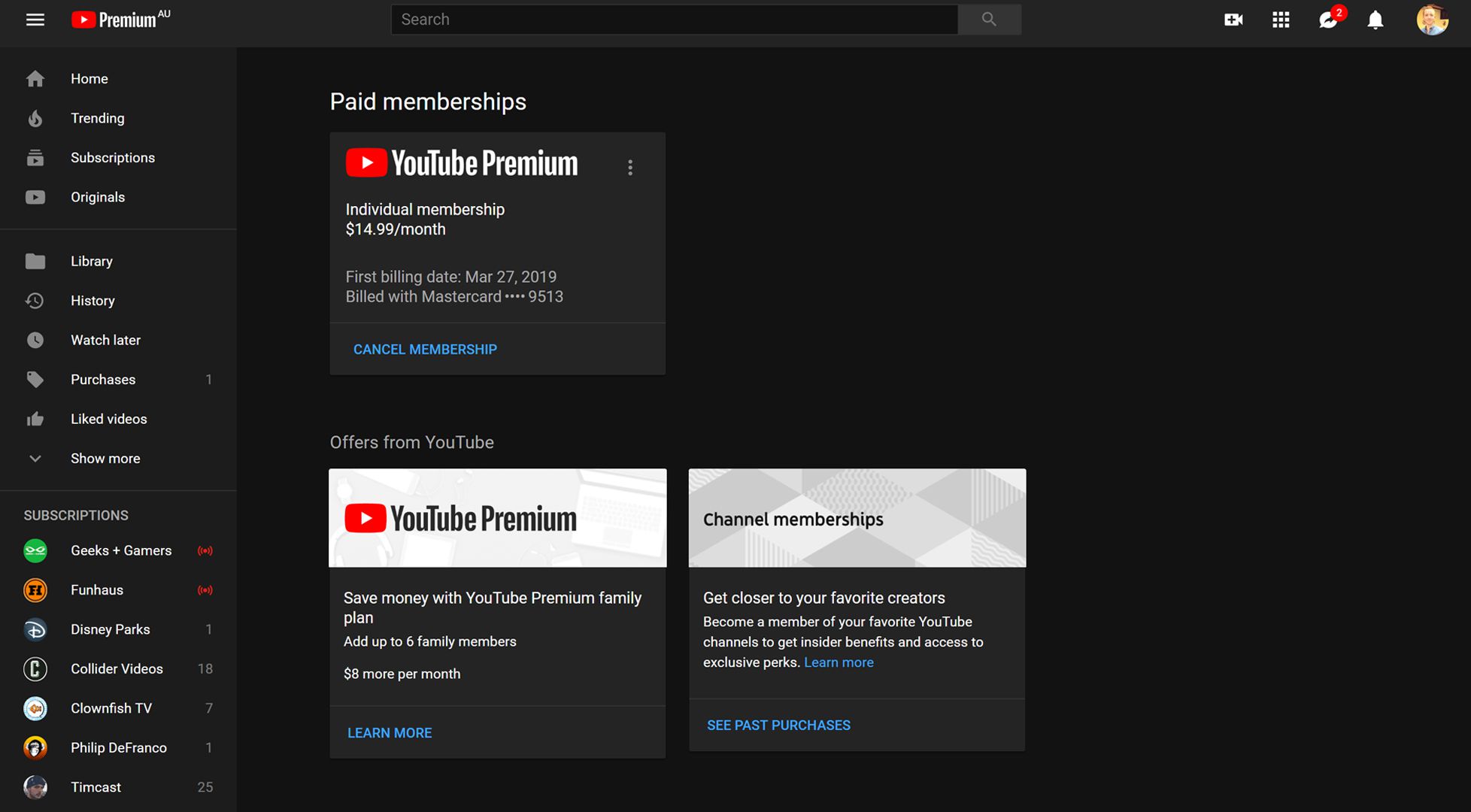 Zrušení služby YouTube Premium na webu YouTube.