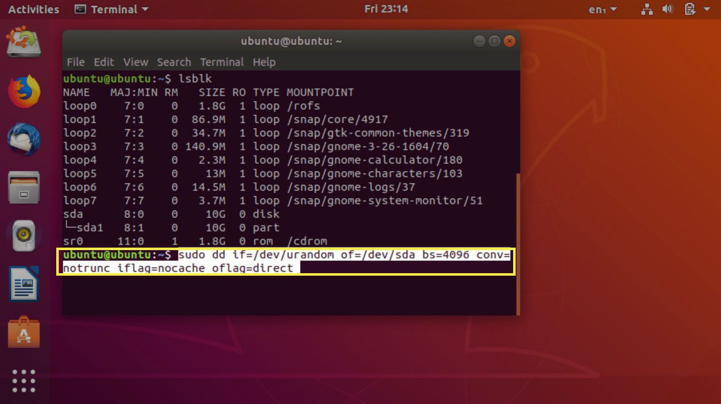 Aplikace Ubuntu Terminal s příkazem připraveným k provedení