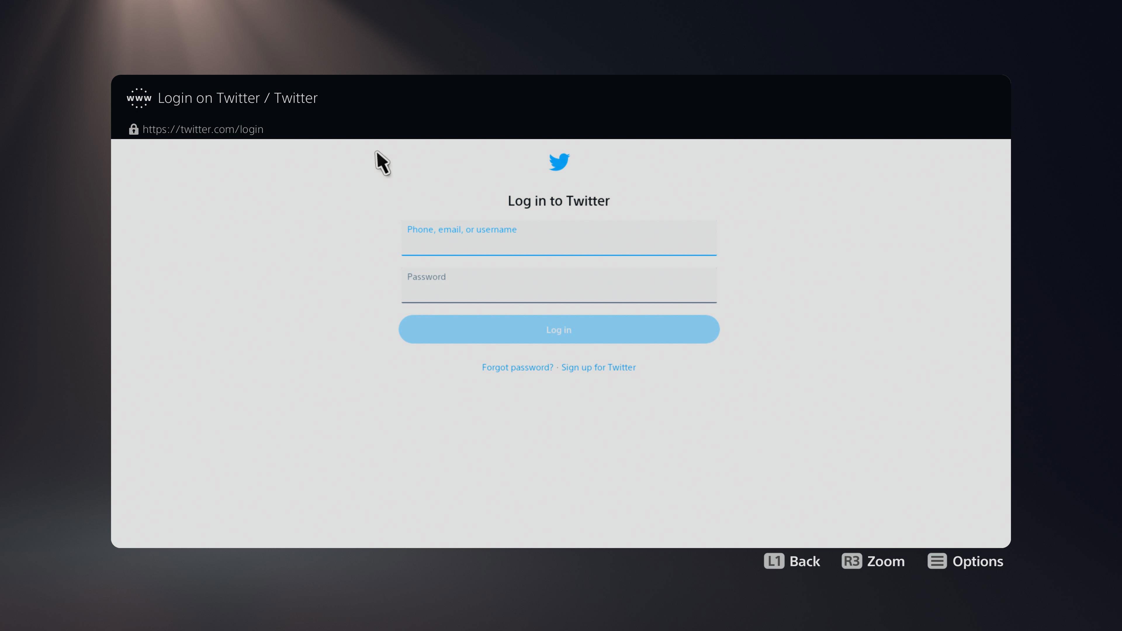 Přihlašovací obrazovka Twitteru na PS5