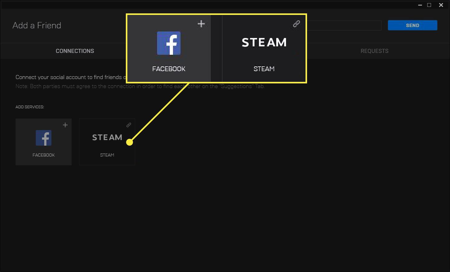 Možnosti služby Facebook a Steam v části „Přidat služby“