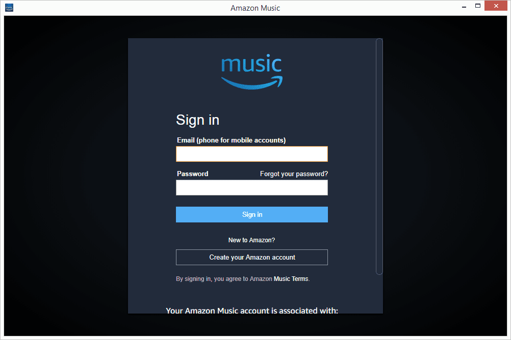Screenshot z přihlašovací stránky programu Amazon Music
