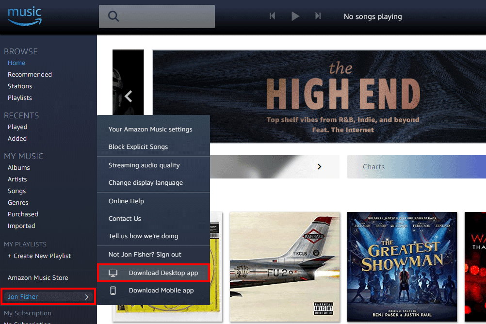 Screenshot, který ukazuje, jak stáhnout desktopovou aplikaci Amazon Music