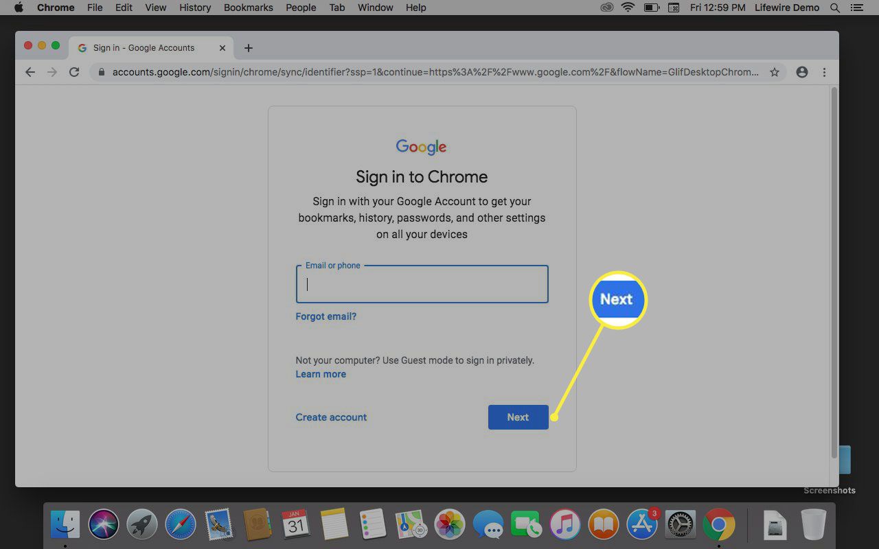 Zadání e-mailu do prohlížeče Chrome.