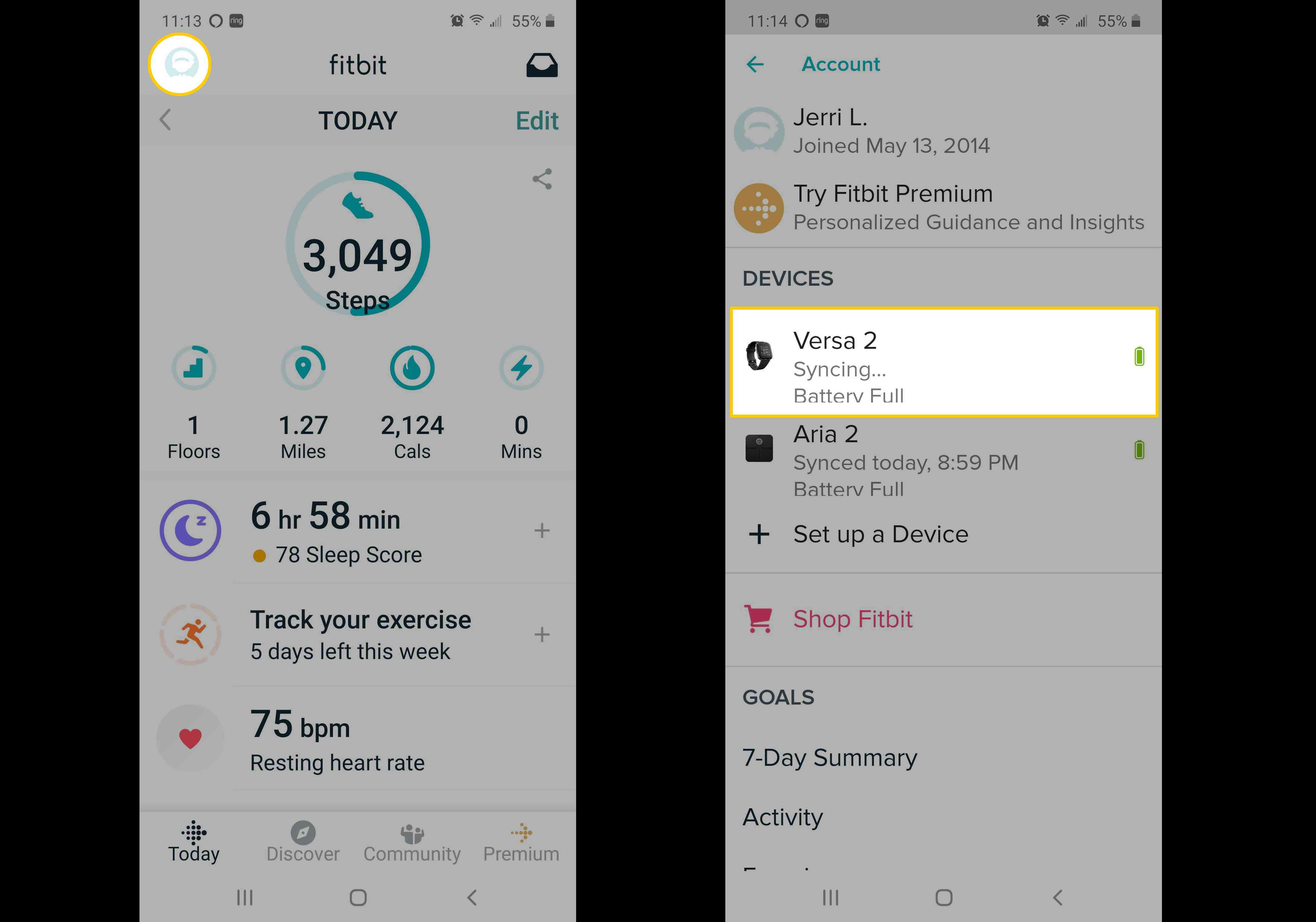 Screenshoty aplikace Fitbit ukazující, jak si vybrat Versa.