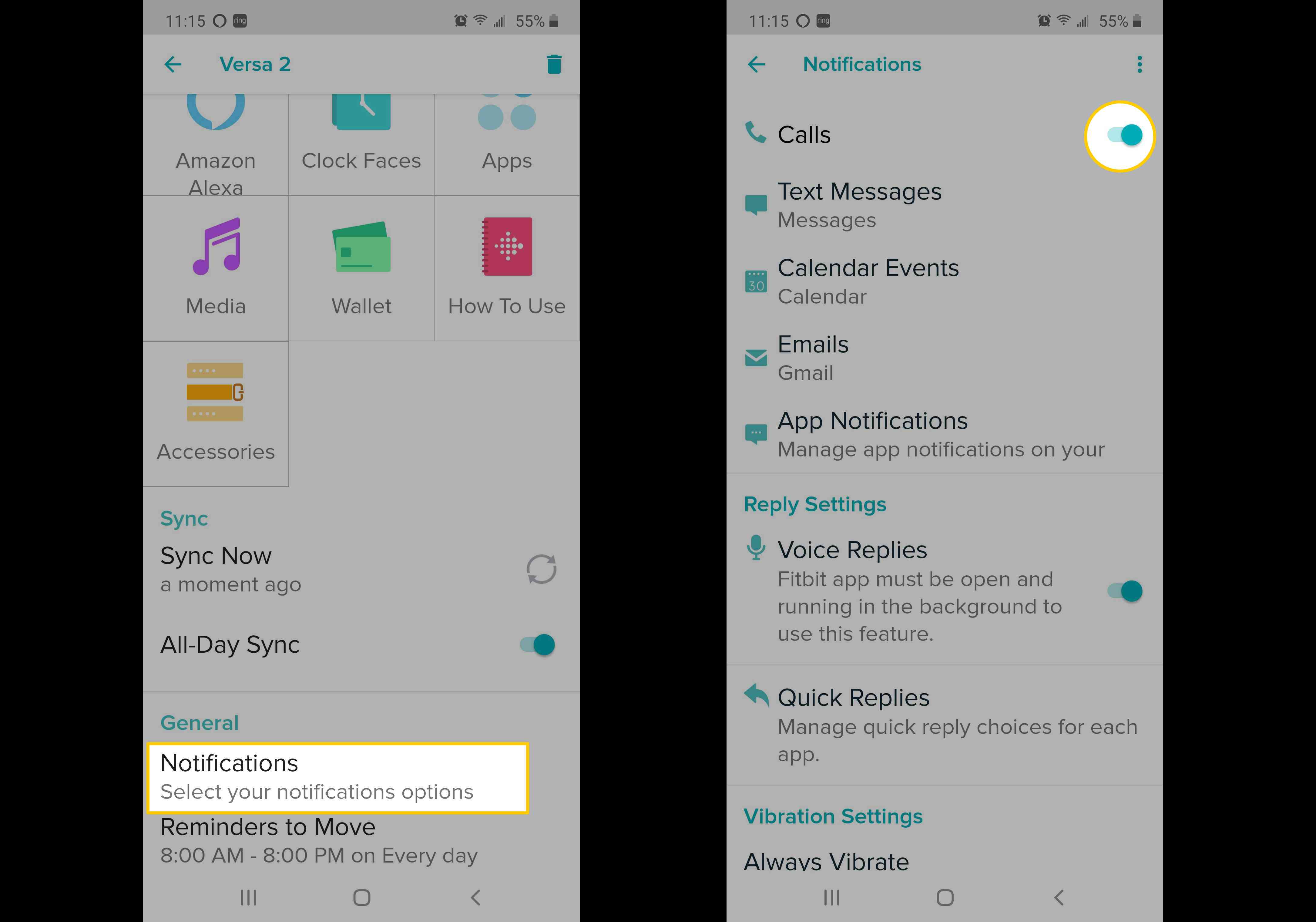Screenshoty ukazující, jak povolit upozornění na zprávy na Fitbit Versa.