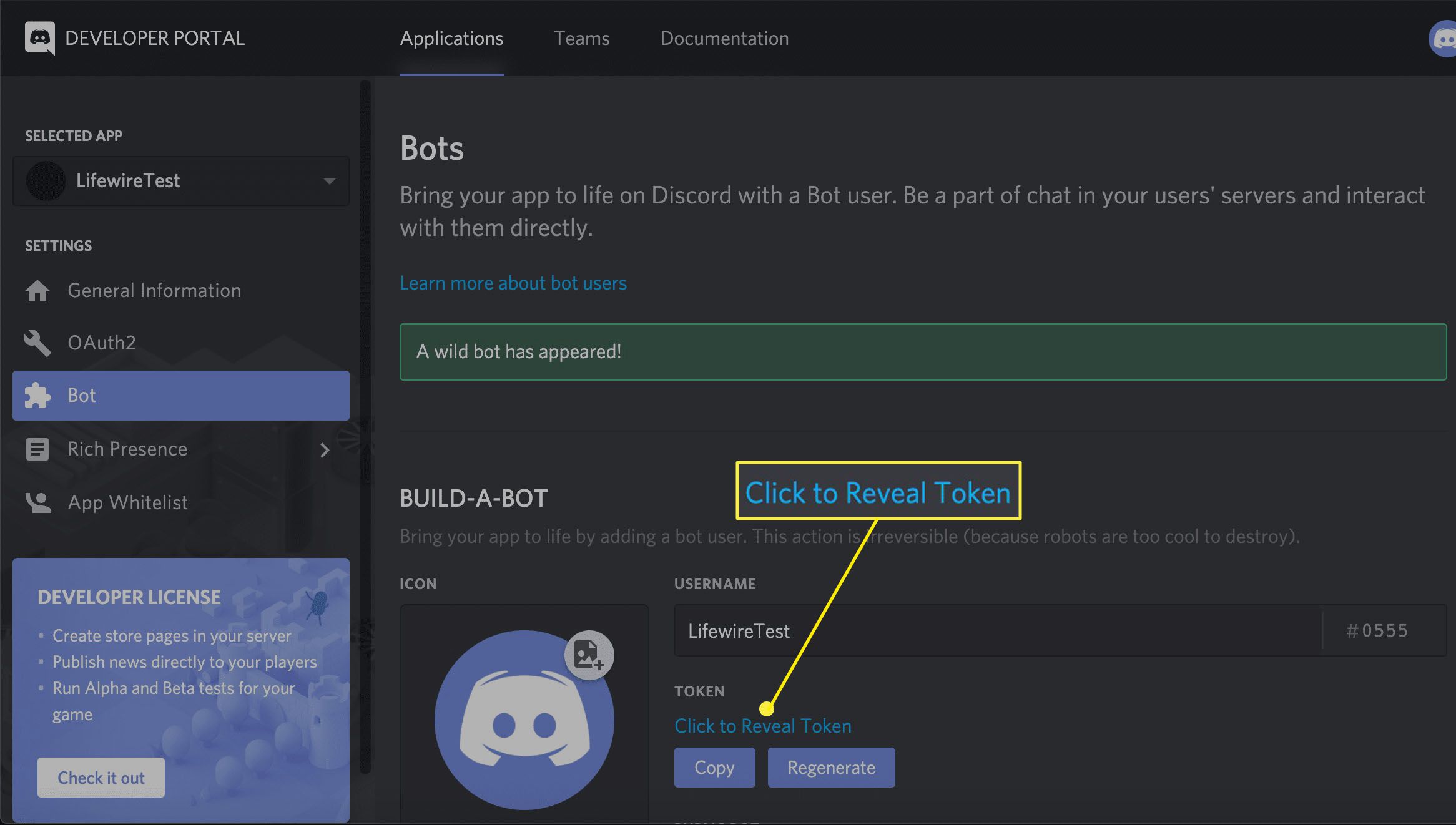 snímek obrazovky rozhraní Bots na portálu Discord Developer Portal