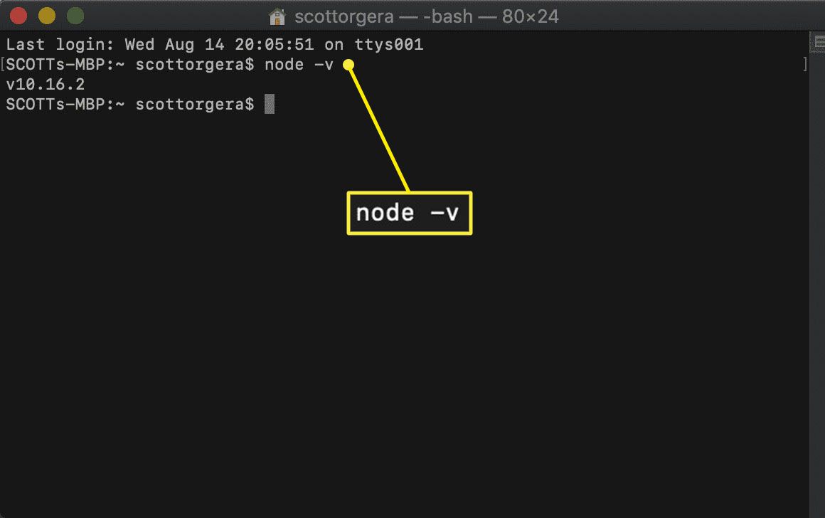 screenshot příkazu node -v v terminálu macOS