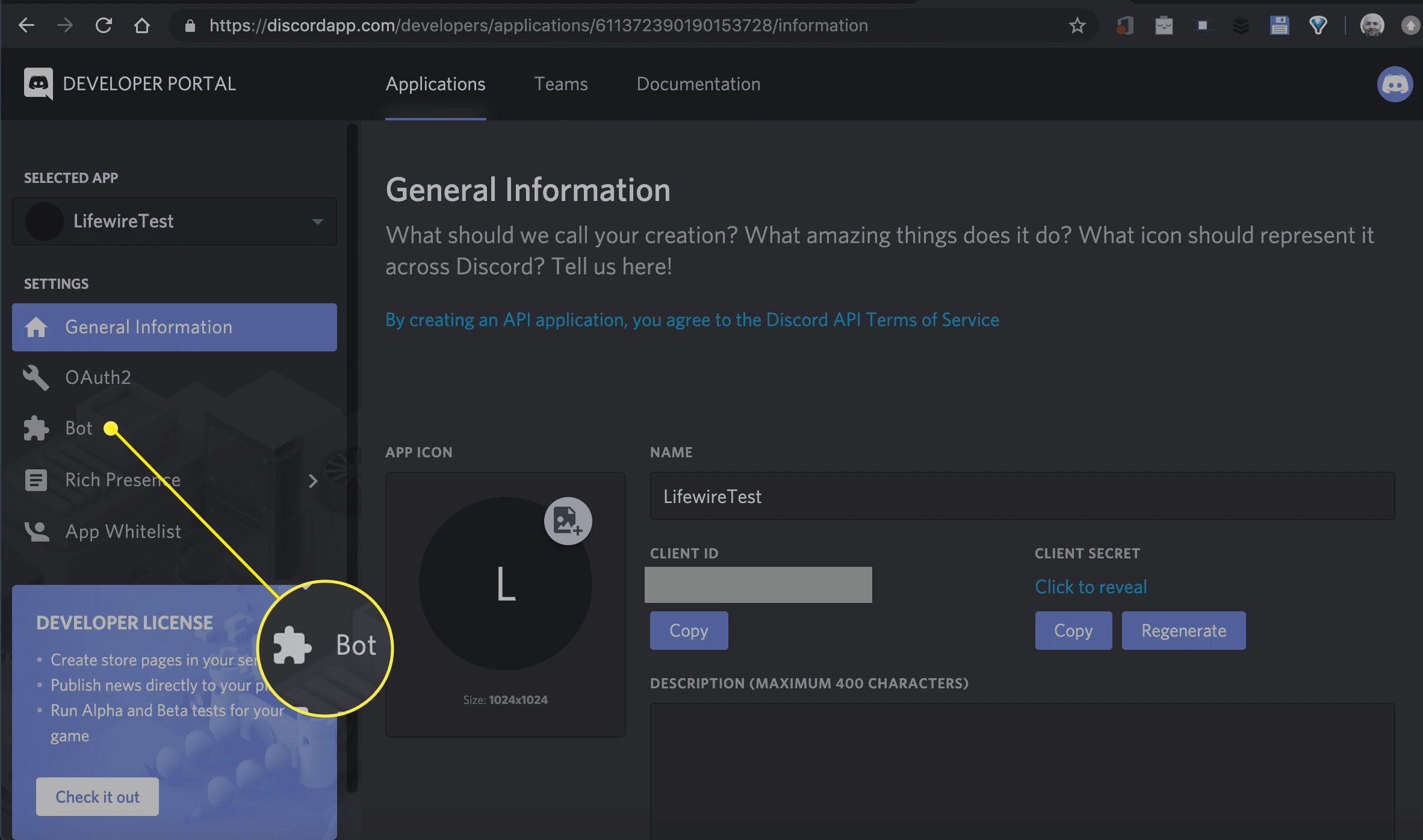 snímek obrazovky Obecné informace na portálu Discord Developer Portal