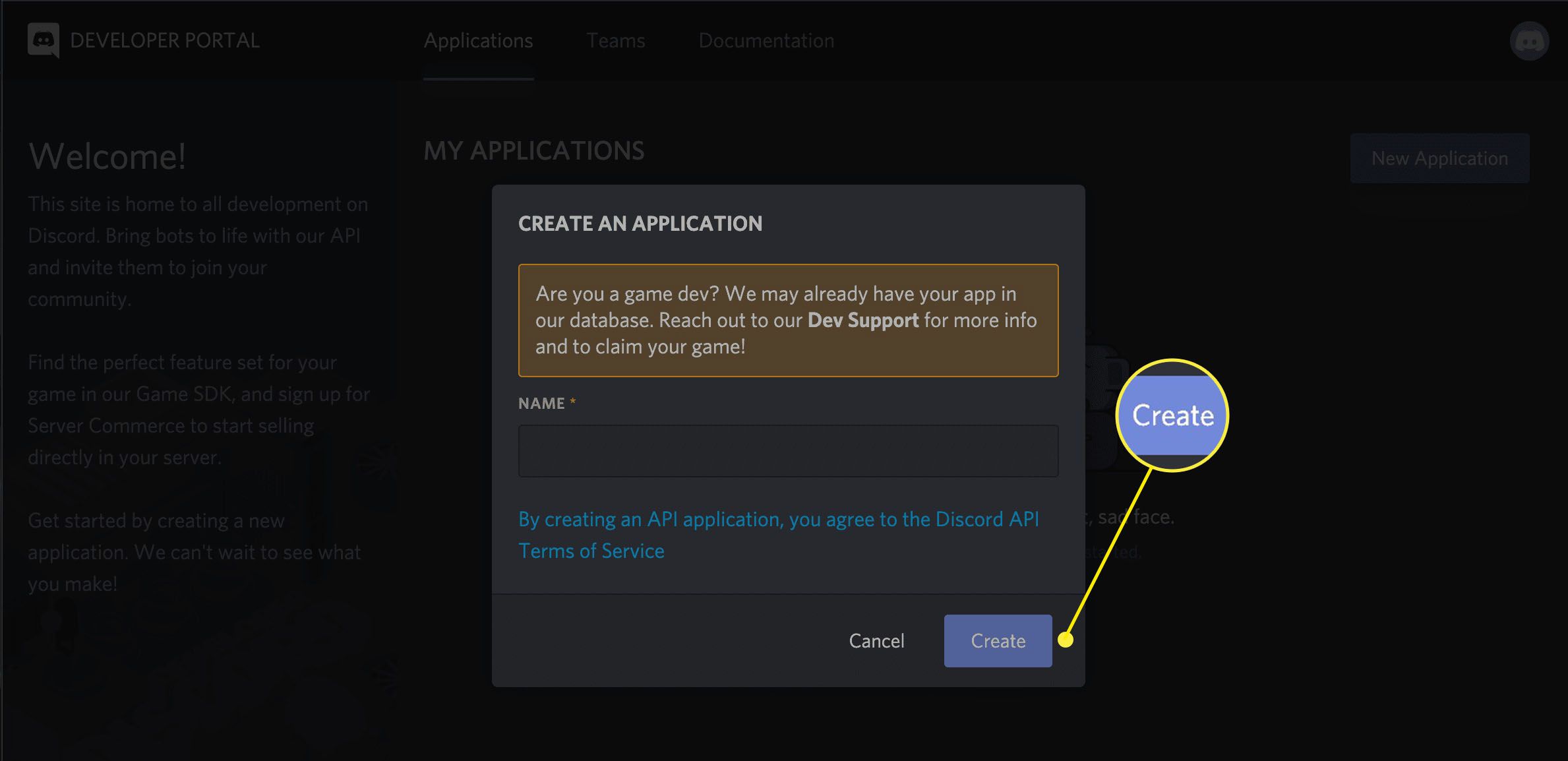 snímek obrazovky toku Vytvoření aplikace na portálu Discord Developer Portal