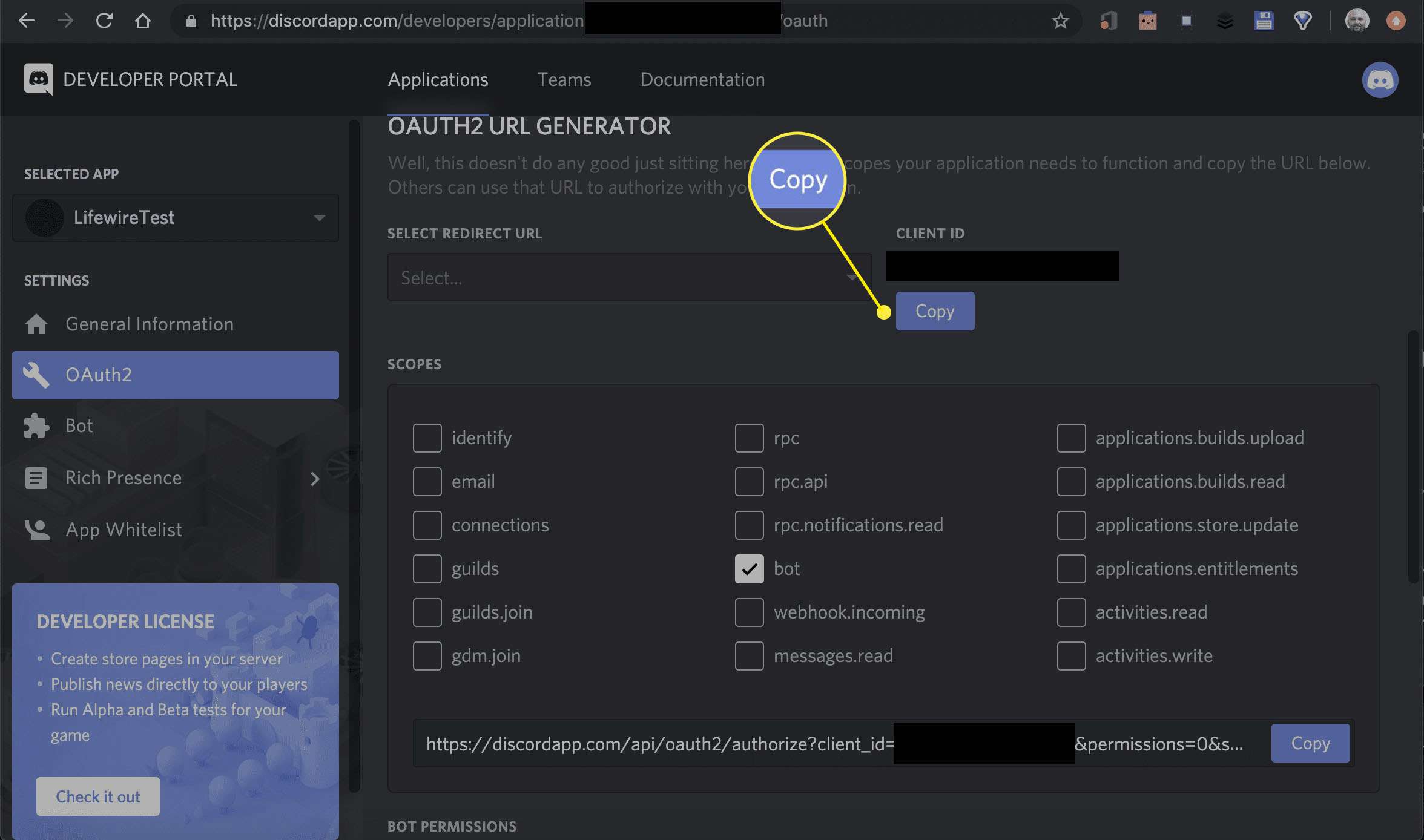 snímek obrazovky generátoru URL OAUTH2 na portálu pro vývojáře Discord