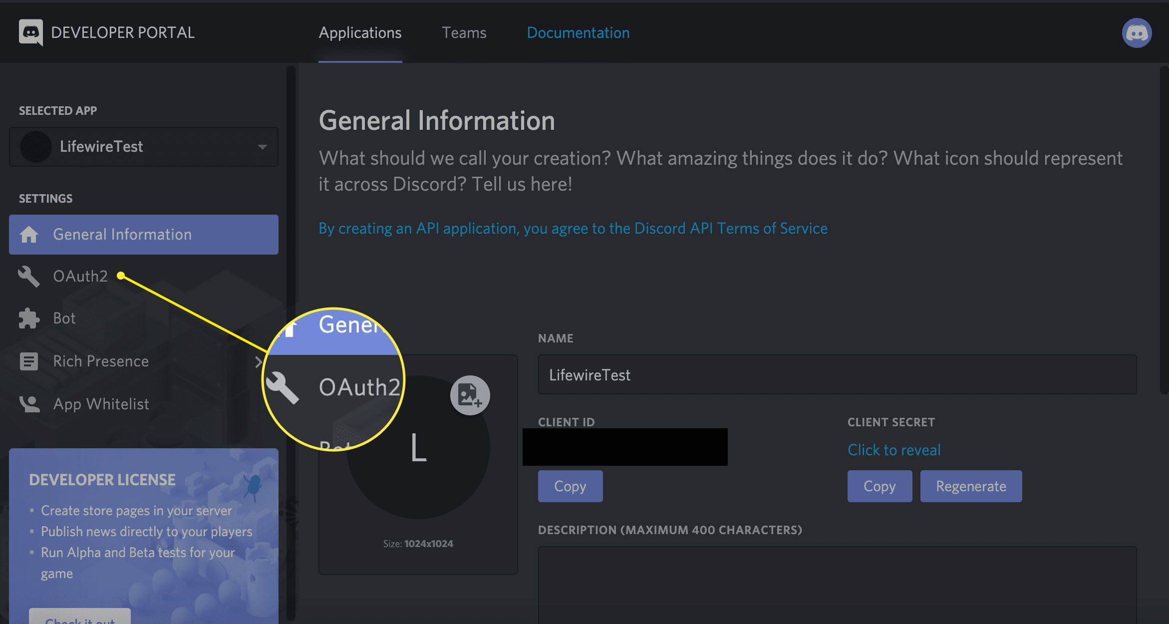 snímek obrazovky Obecné informace na portálu Discord Developer Portal